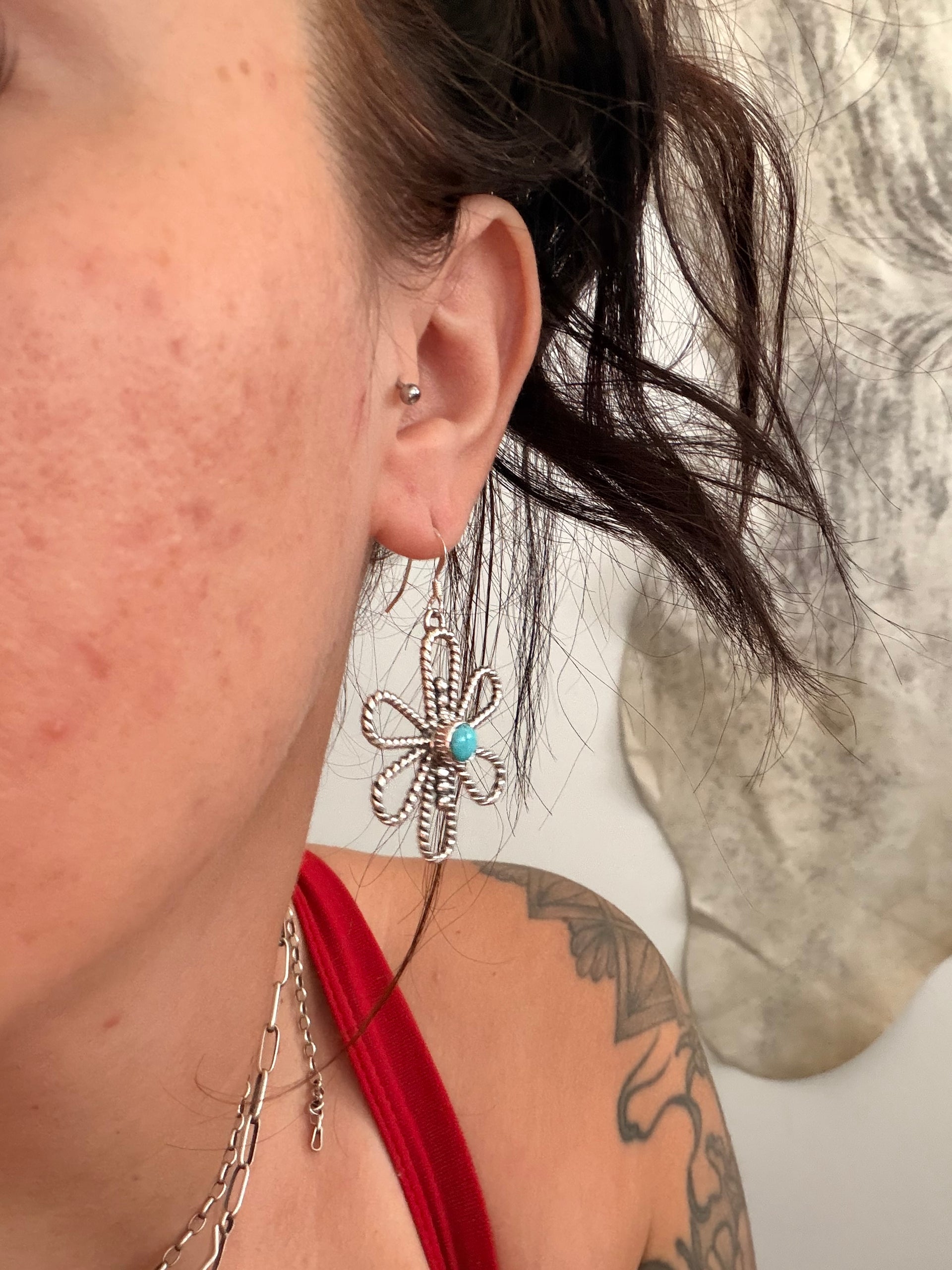 Navajo Made Turquoise & Sterling Silver Flower Dangle Earrings