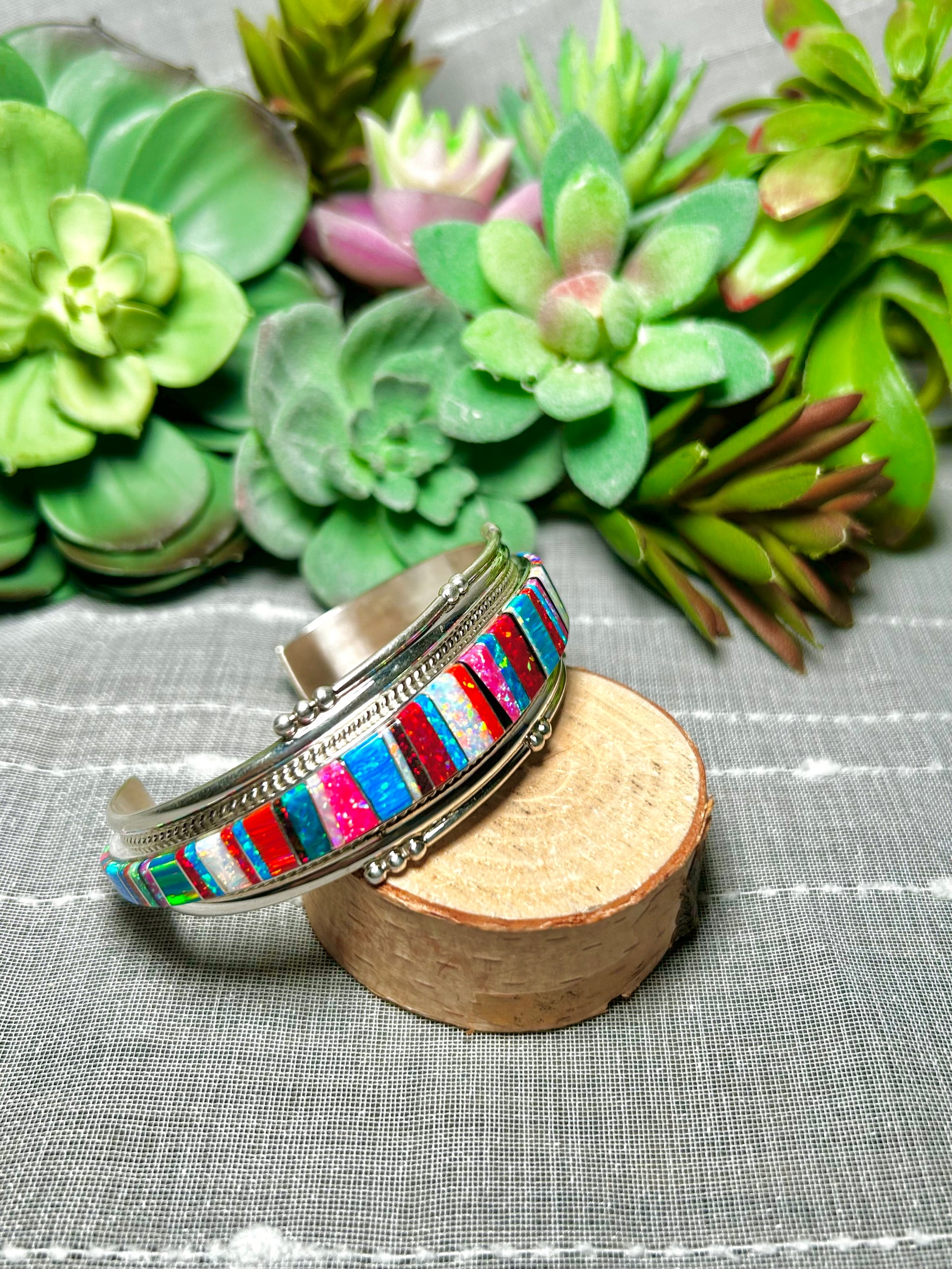Navajo Made Opal & Sterling Silver Cuff Bracelet