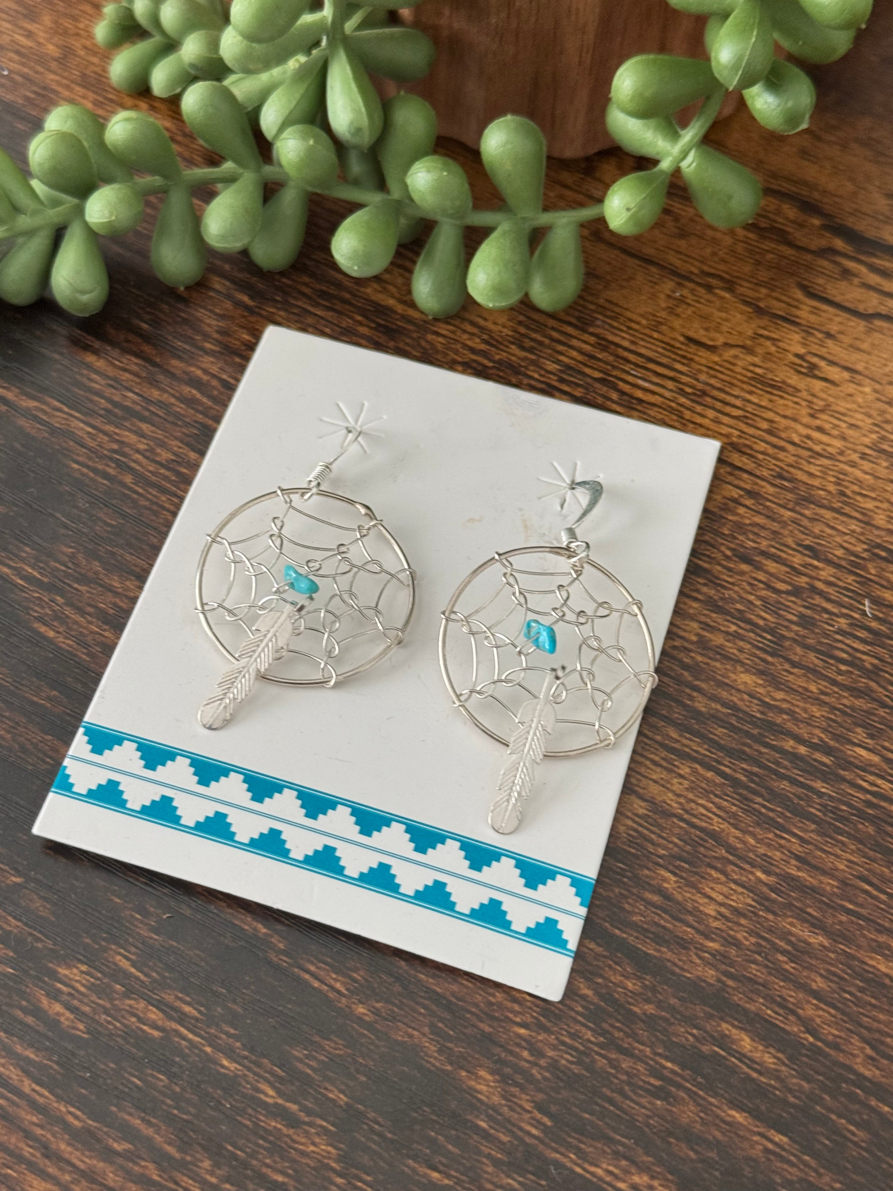 Navajo Made Turquoise & Sterling Silver Dream Catcher Dangle Earrings