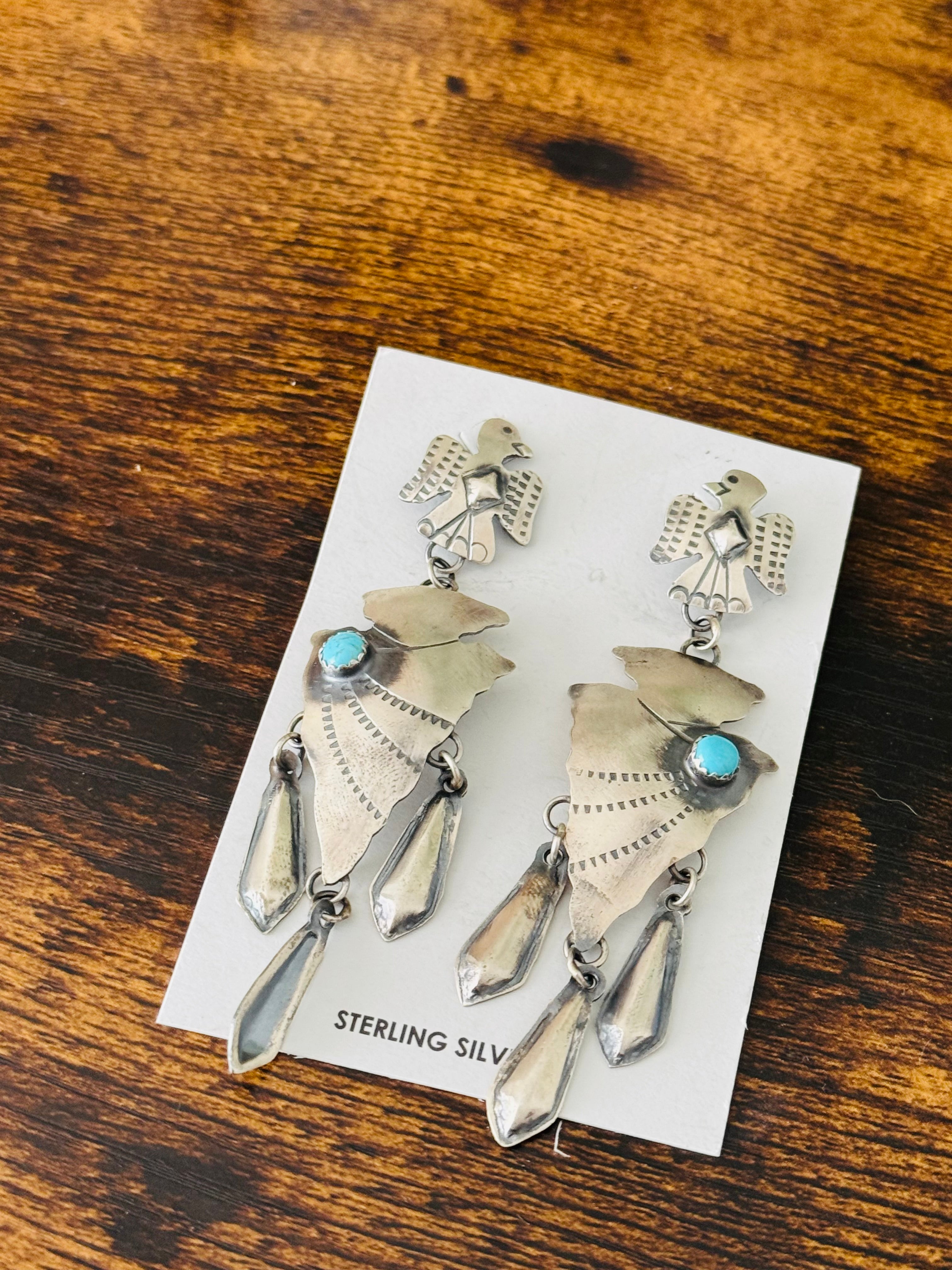 Tim Yazzie Kingman Turquoise & Sterling Silver Post Dangle Thunderbird Earrings