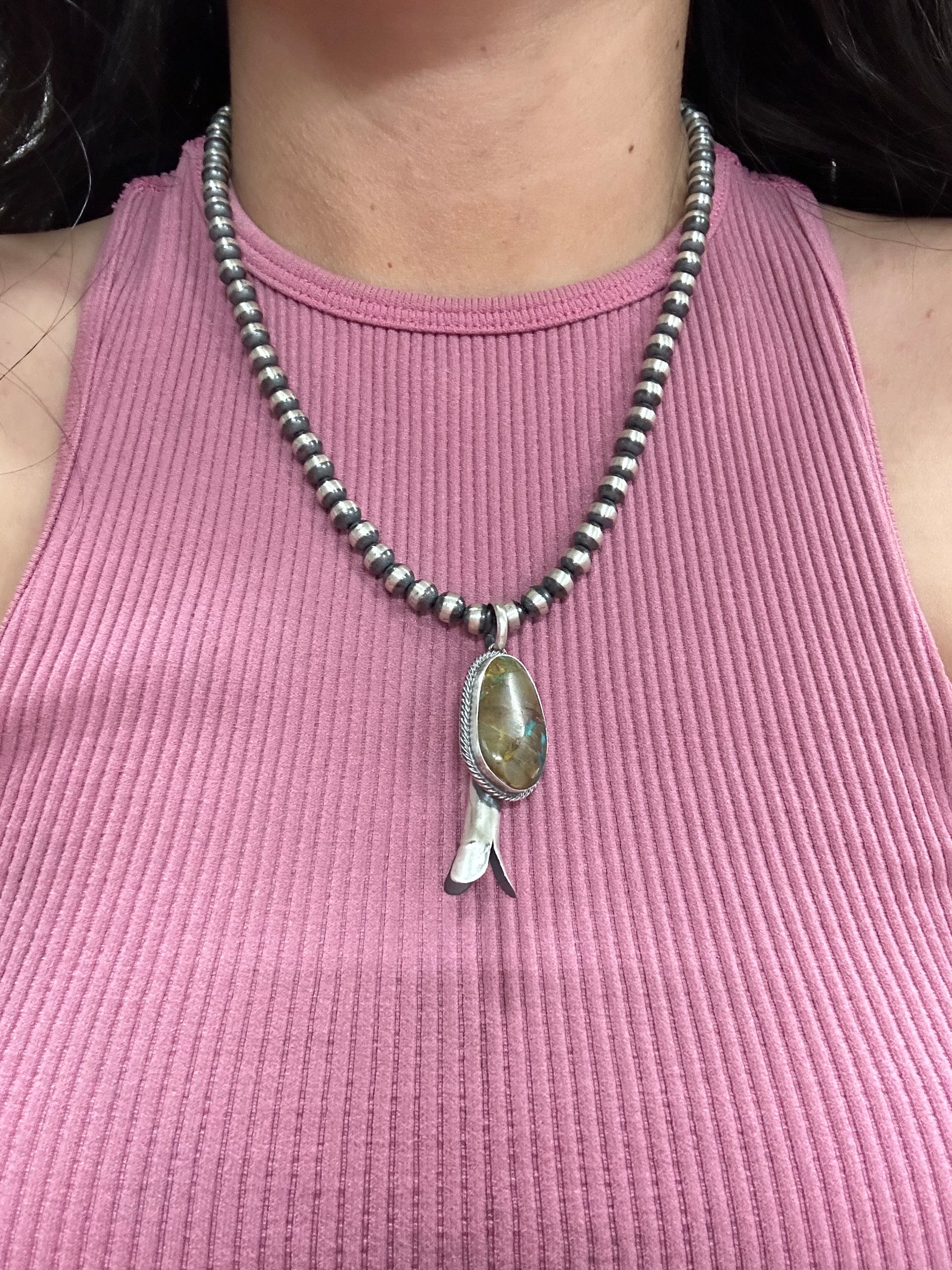 Navajo Made Kingman Turquoise & Sterling Silver Blossom Pendant
