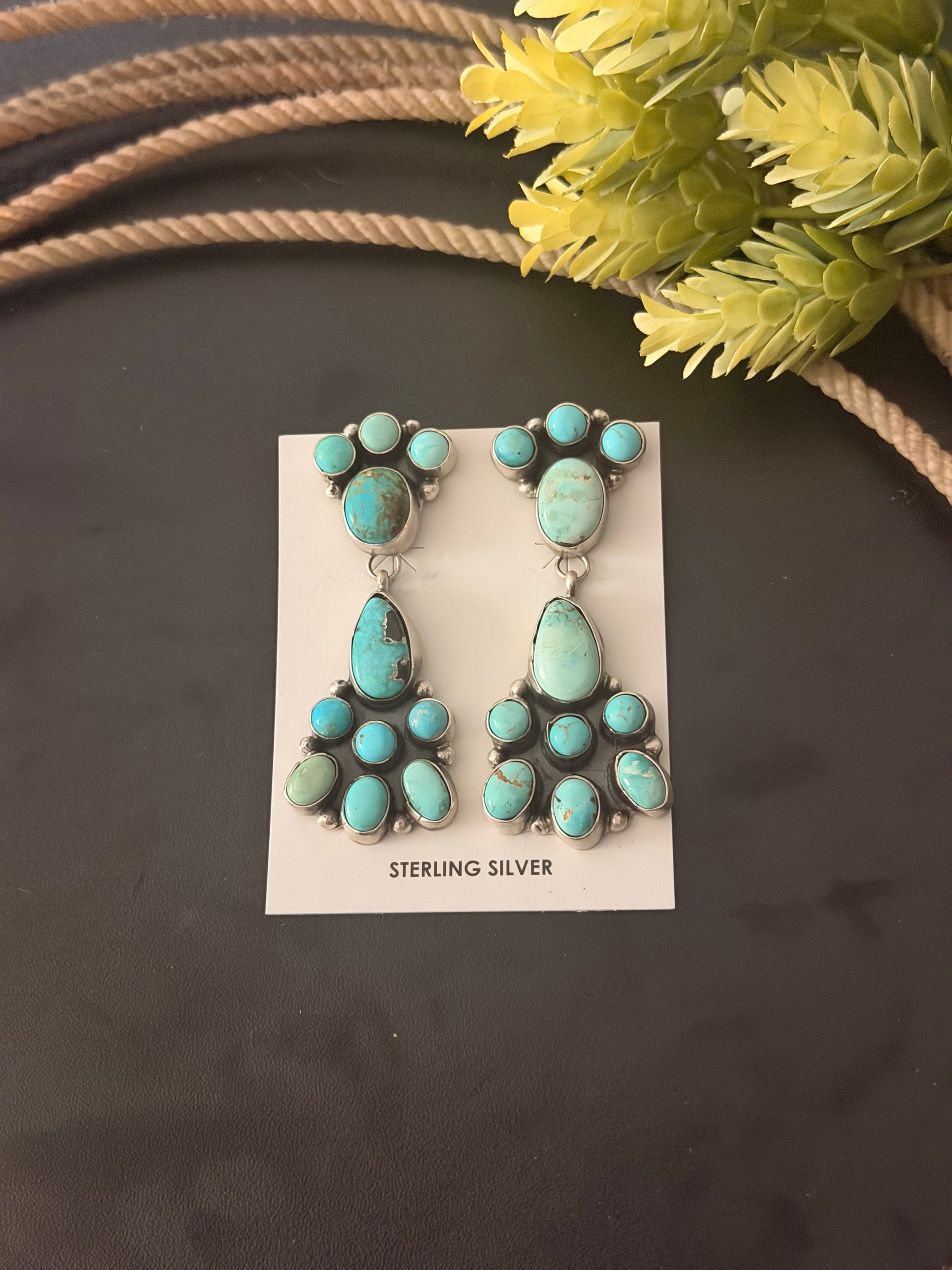 Ella Peters Carico Lake Turquoise & Sterling Silver Cluster Post Dangle Earrings