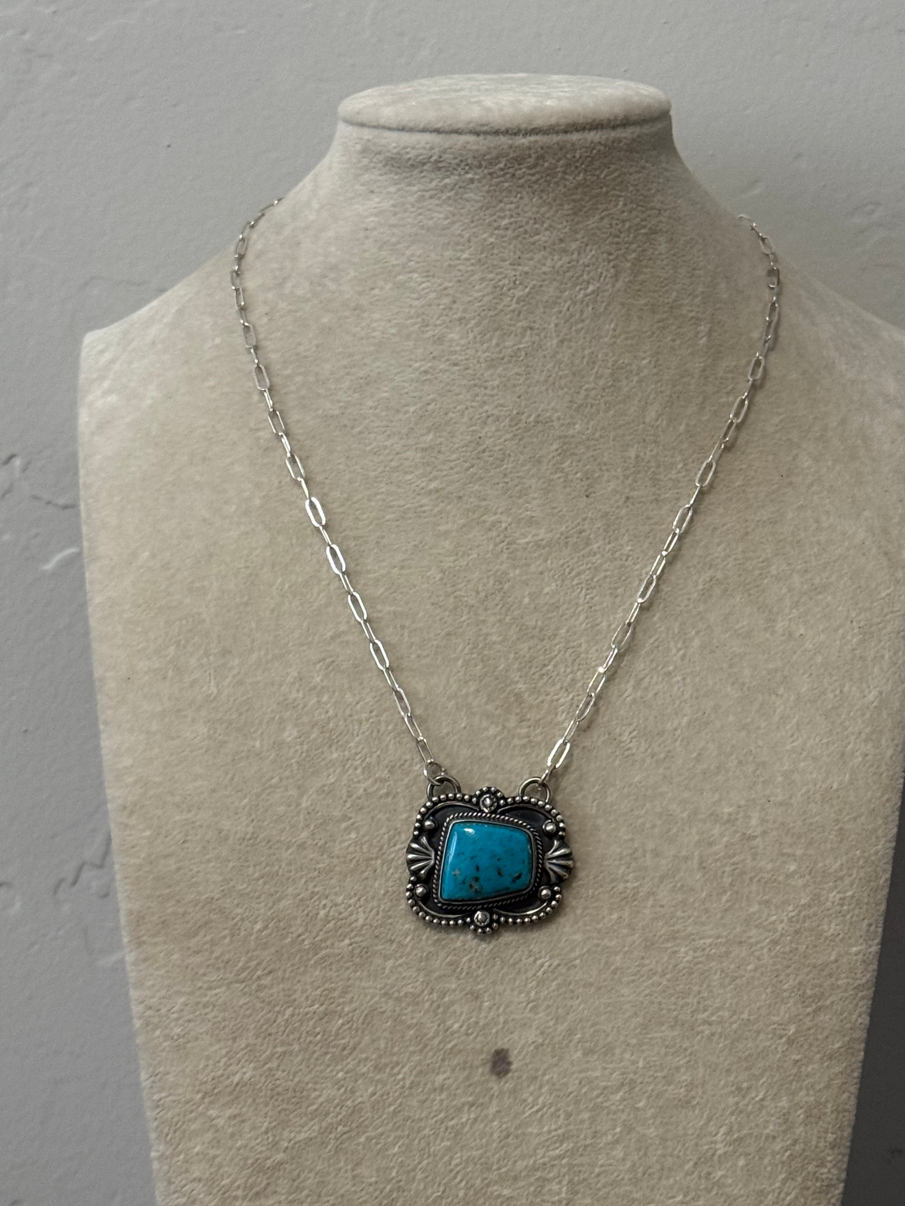 Navajo Made Kingman Turquoise & Sterling Silver Necklace