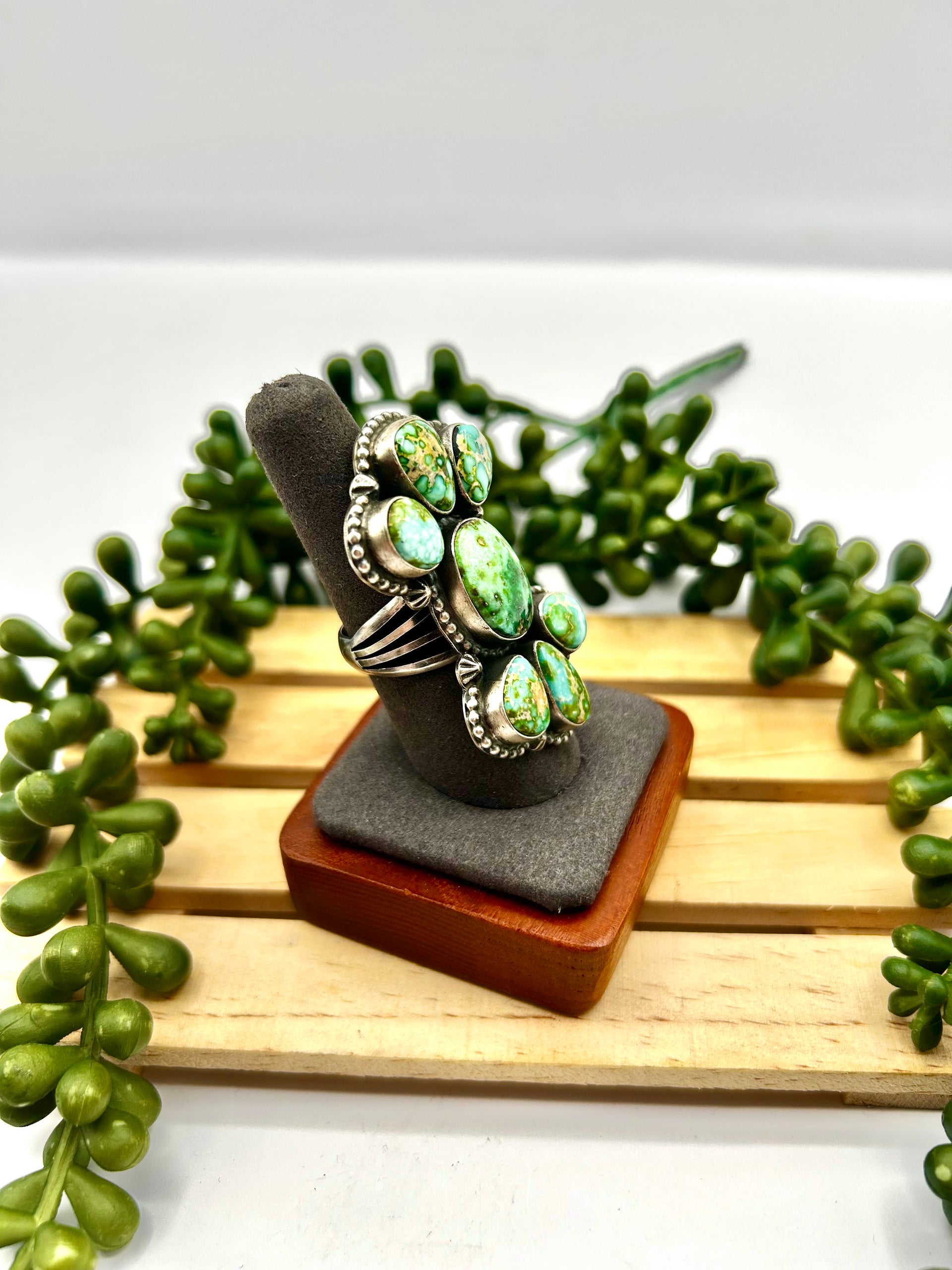 Navajo Made Sonoran Gold Turquoise & Sterling Silver Ring Size 7.75