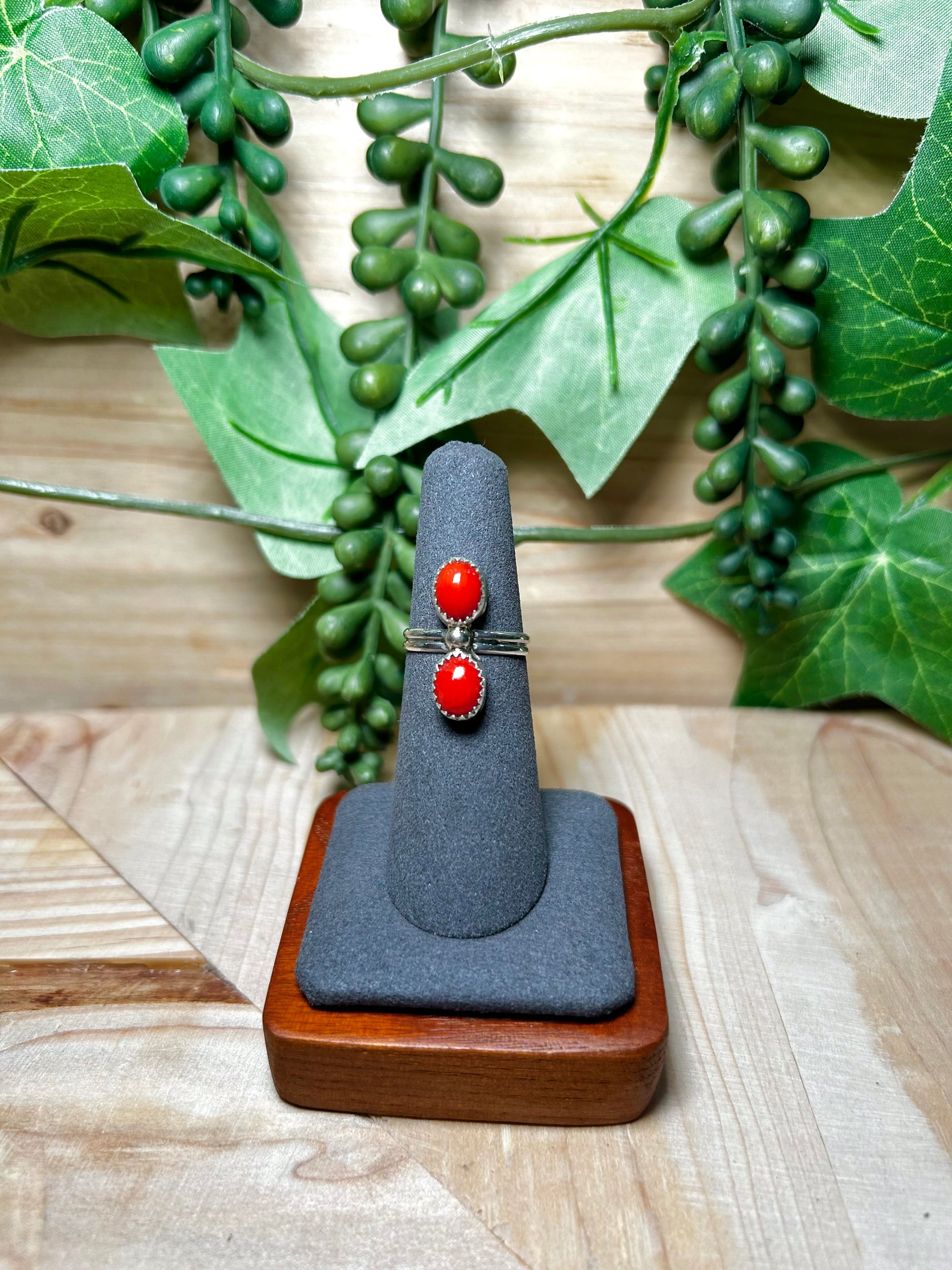 Navajo Made Natural Coral & Sterling Silver Ring Size 6