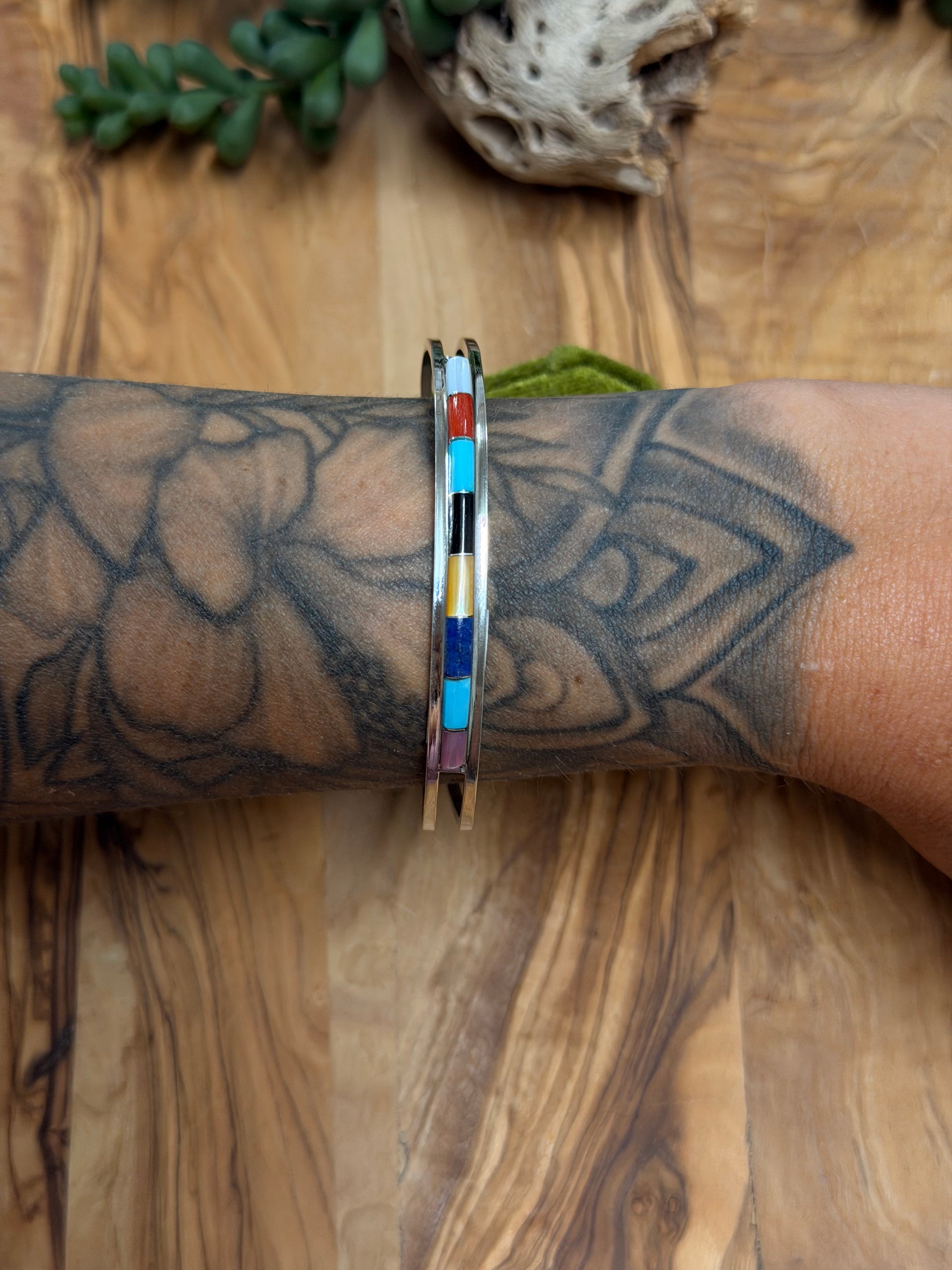 Zuni Made Multi Stone & Sterling Silver Inlay Cuff Bracelet