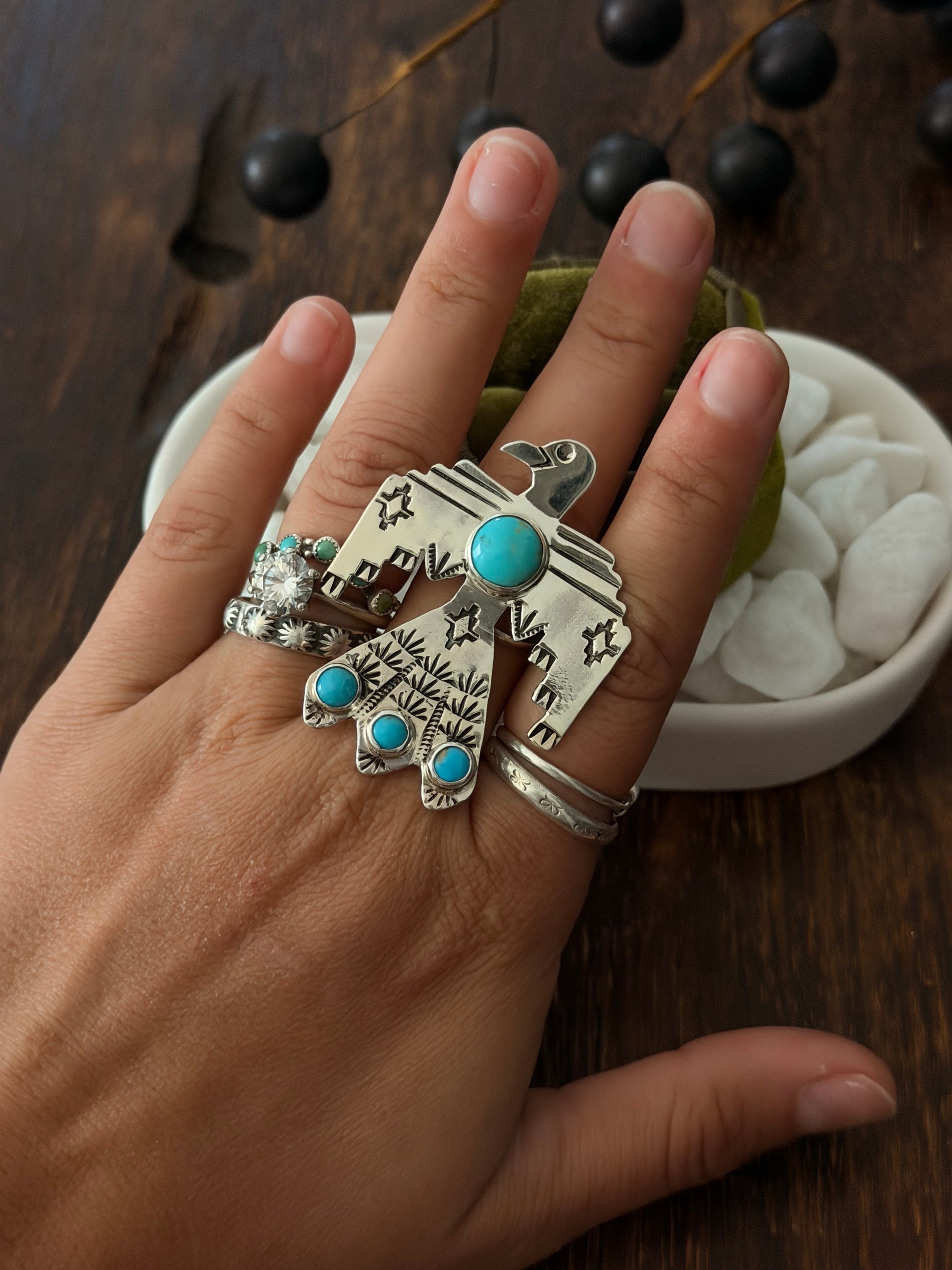 Navajo Made Kingman Turquoise & Sterling Silver Thunderbird Adjustable Ring