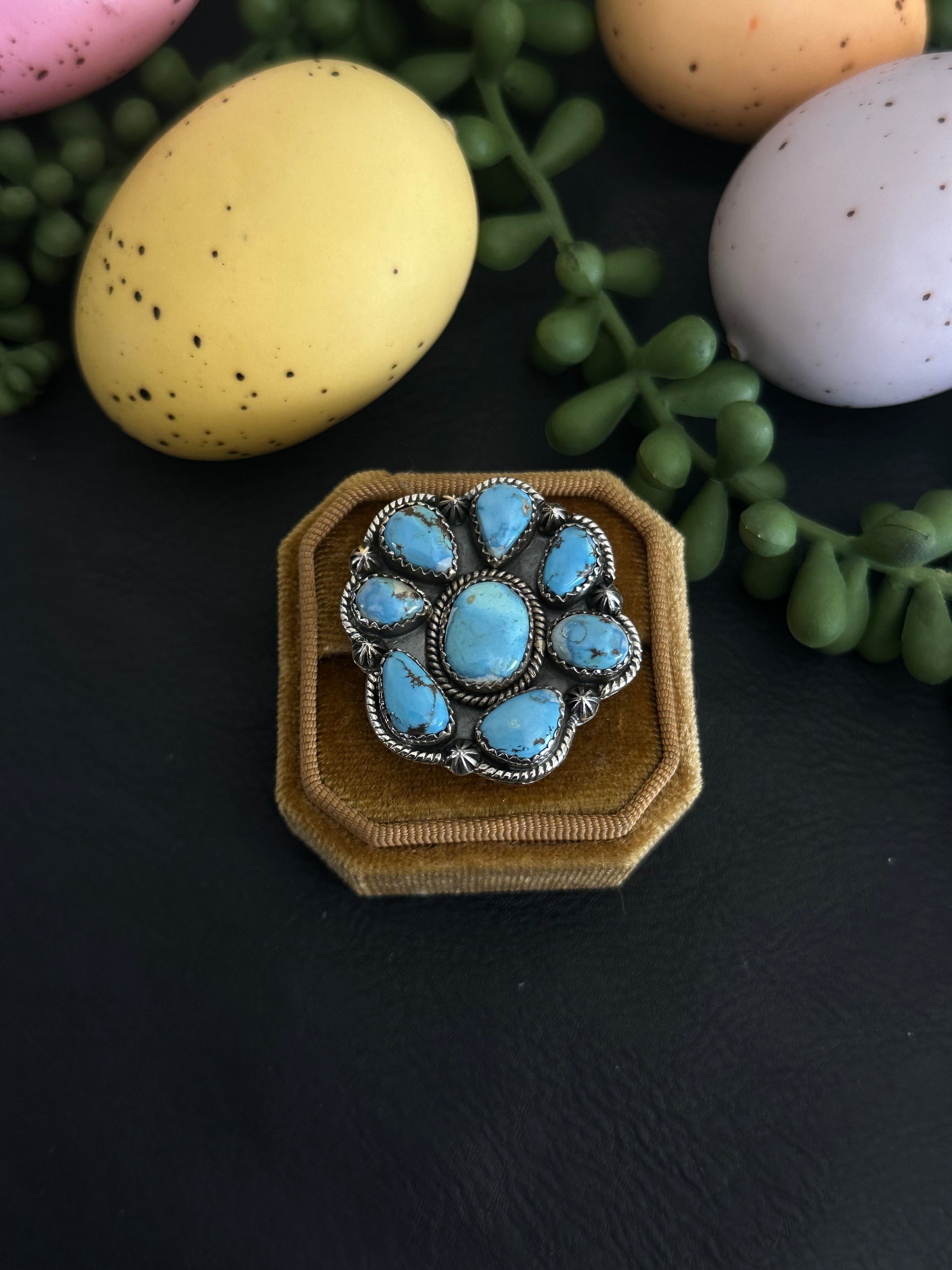 Southwest Handmade Golden Hills Turquoise & Sterling Silver Adjustable Cluster Ring