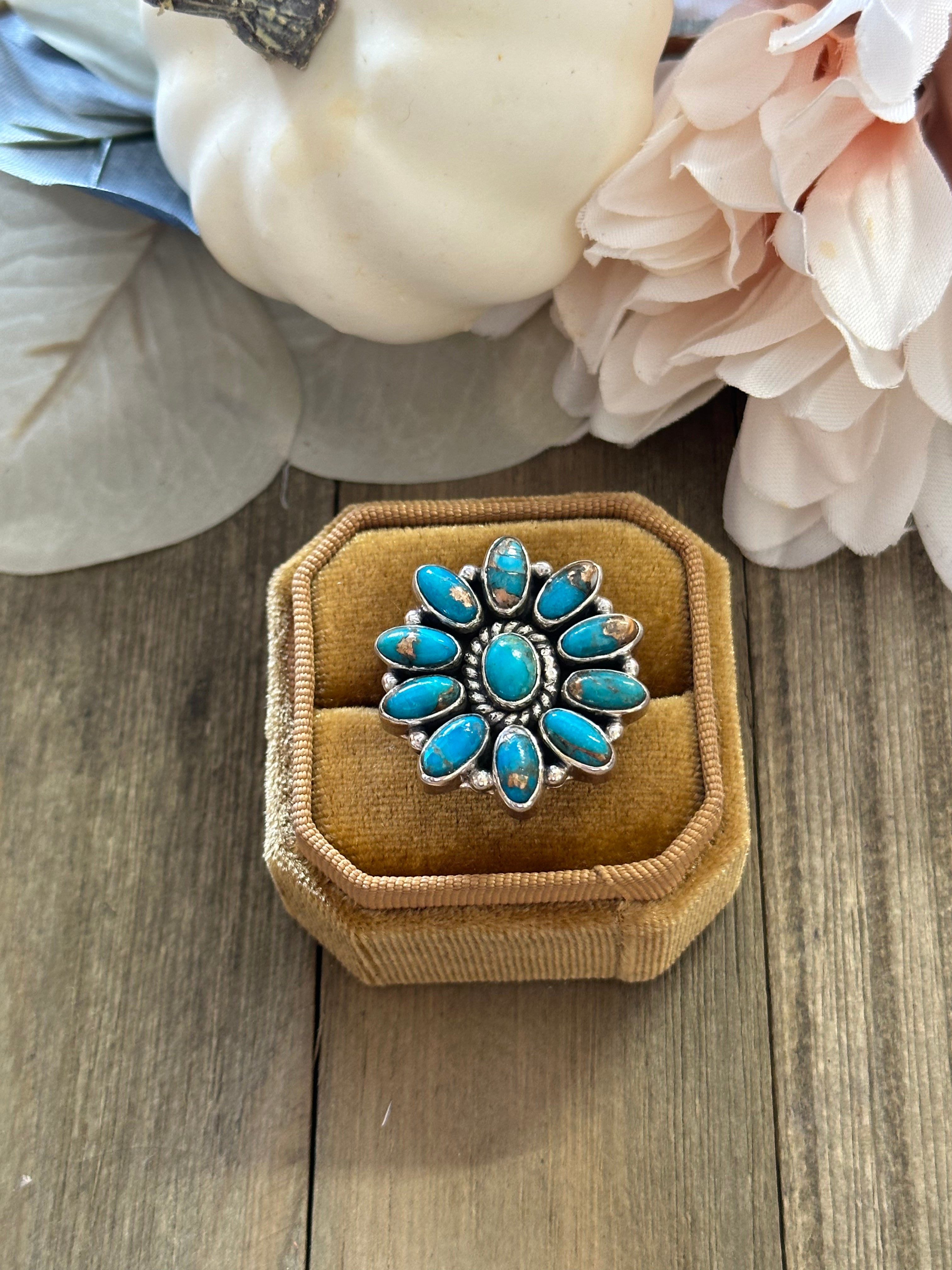 Southwest Handmade Mohave Turquoise & Sterling Silver Adjustable Cluster Ring