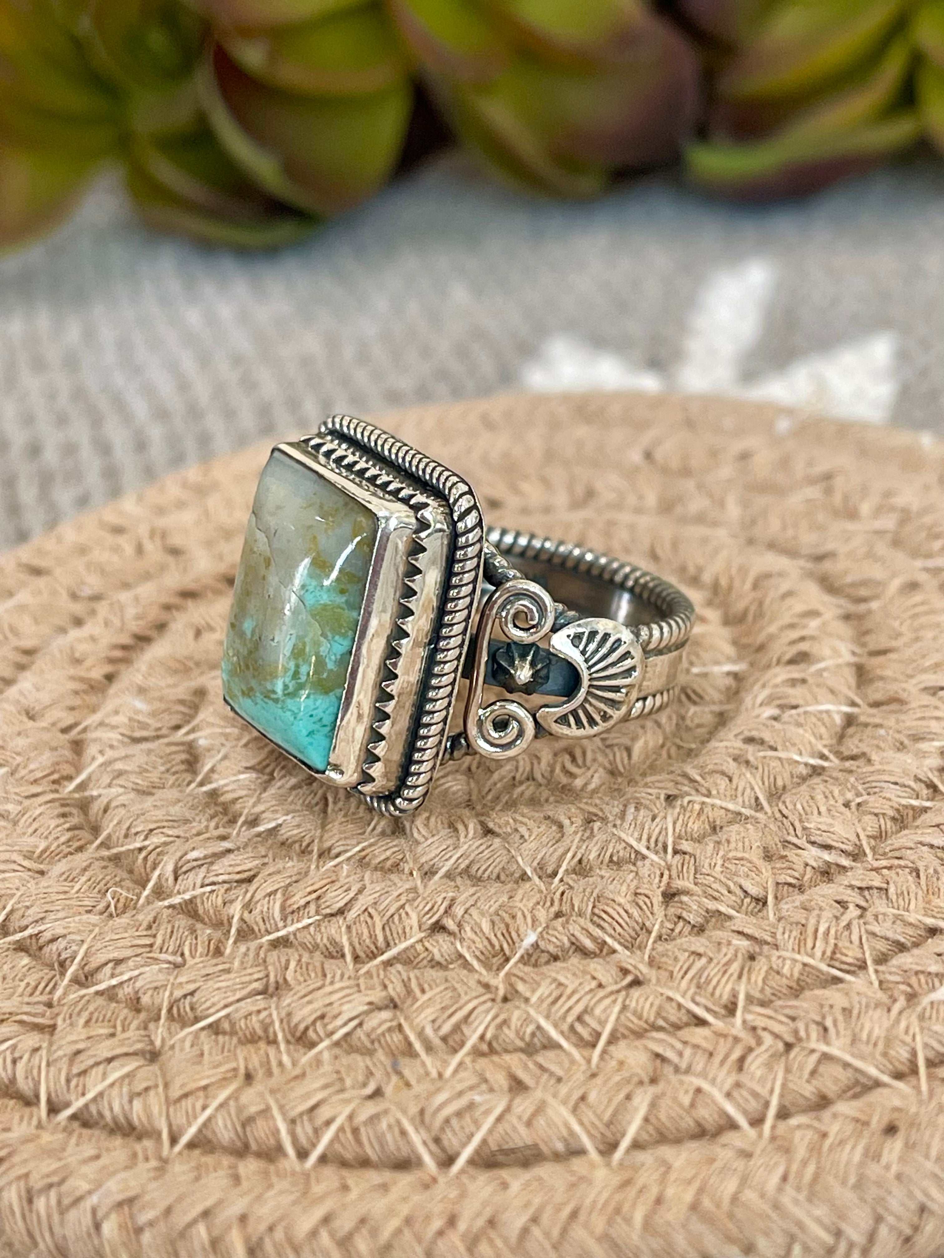 Southwest Handmade Kingman Turquoise & Sterling Silver Size 10.5 Square Ring