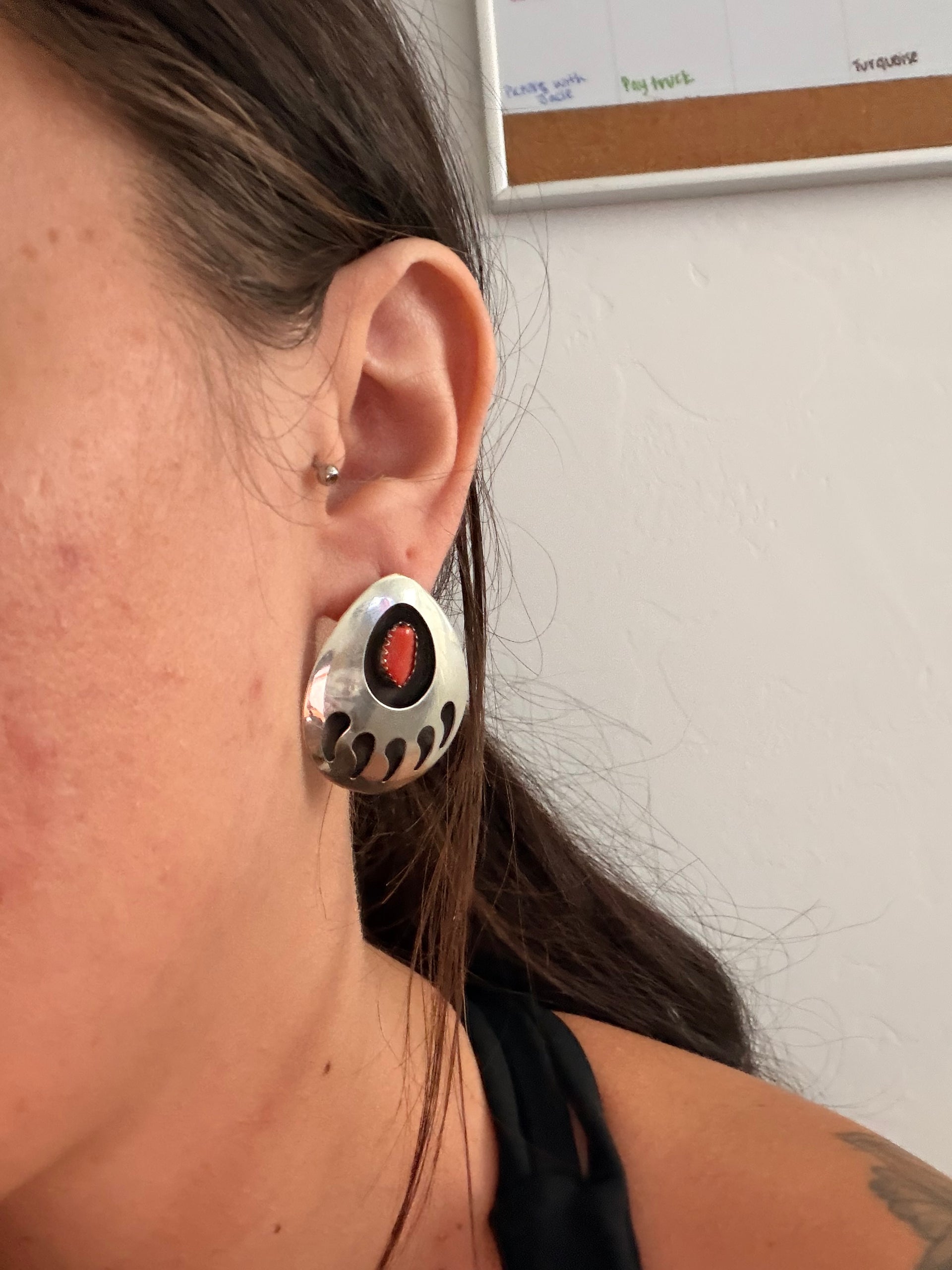 Navajo Made Coral & Sterling Silver Post Bear Claw Earrings
