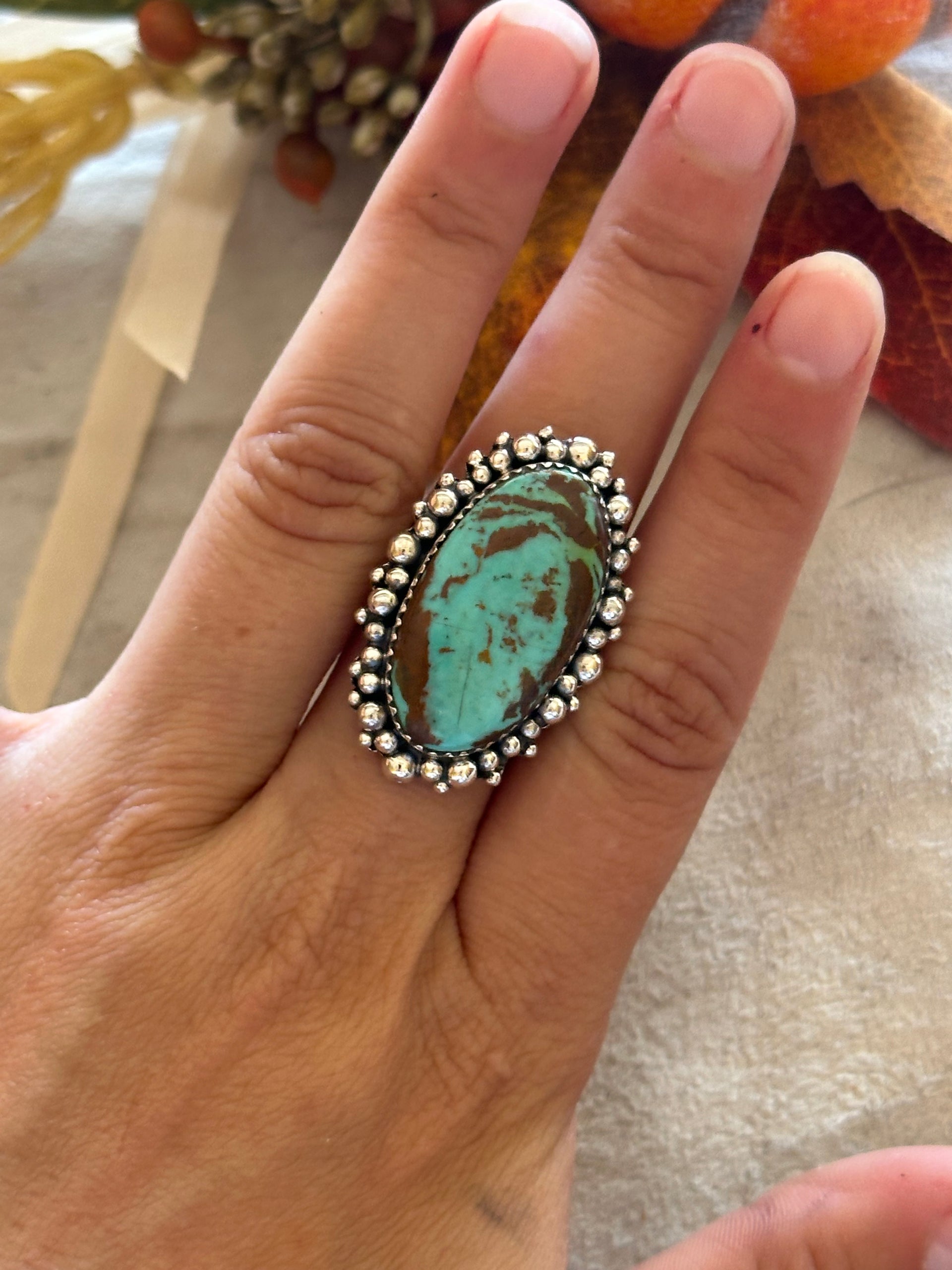 Southwest Handmade #8 Turquoise & Sterling Silver Adjustable Ring
