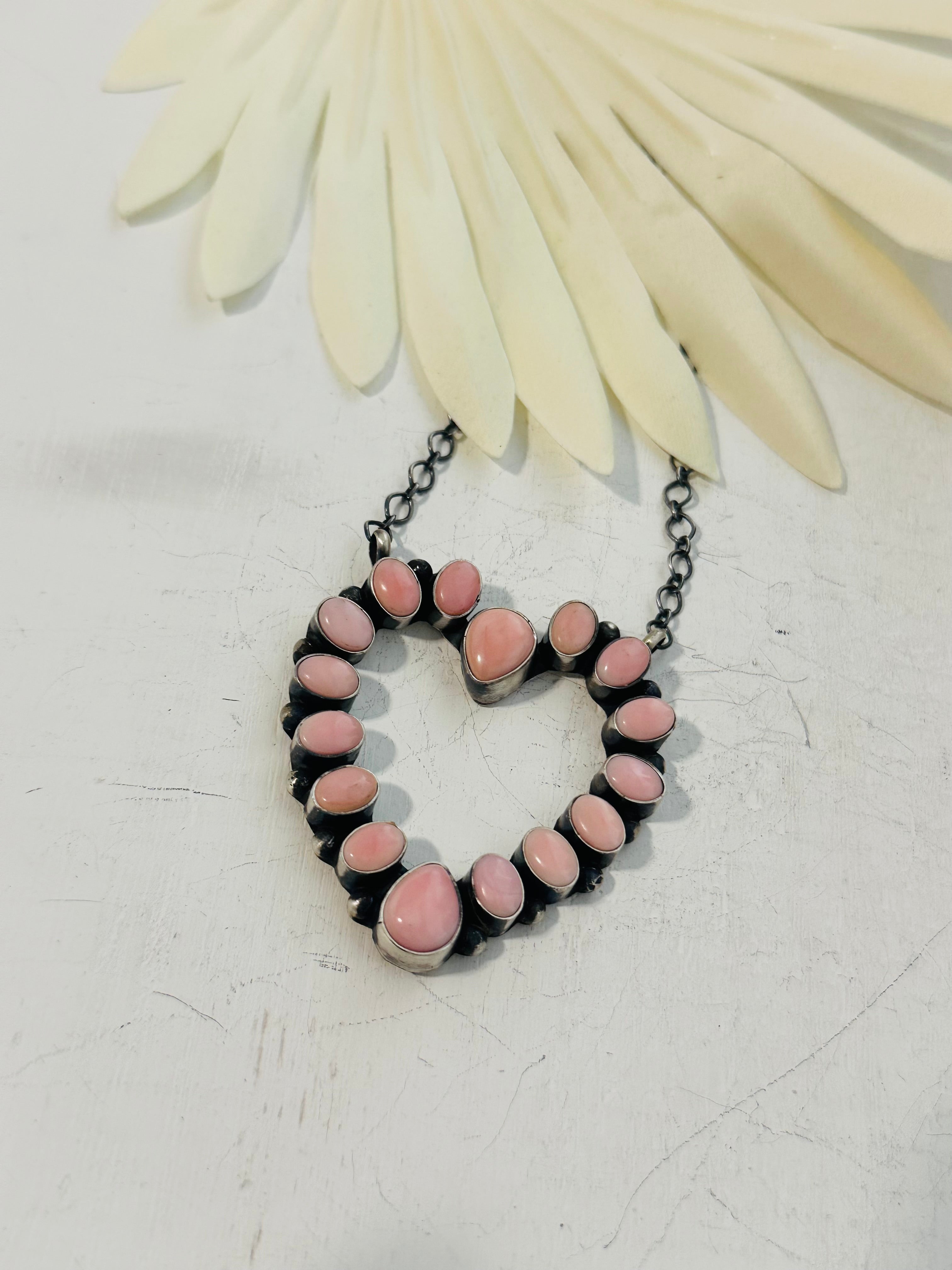 Navajo Made Pink Conch & Sterling Silver Heart Necklace