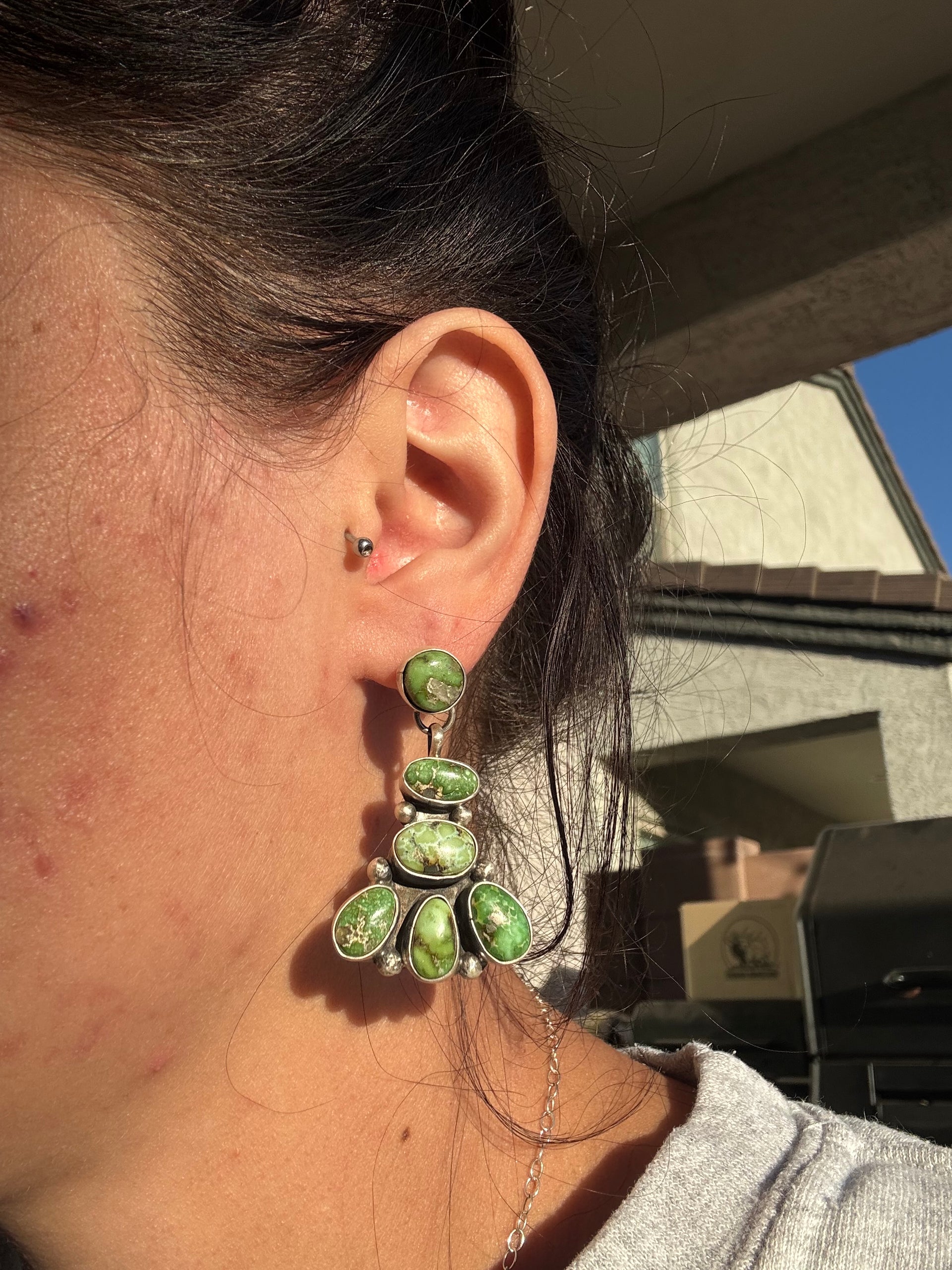 Sheila Becenti Sonoran Gold Turquoise & Sterling Silver Post Dangle Cluster Earrings