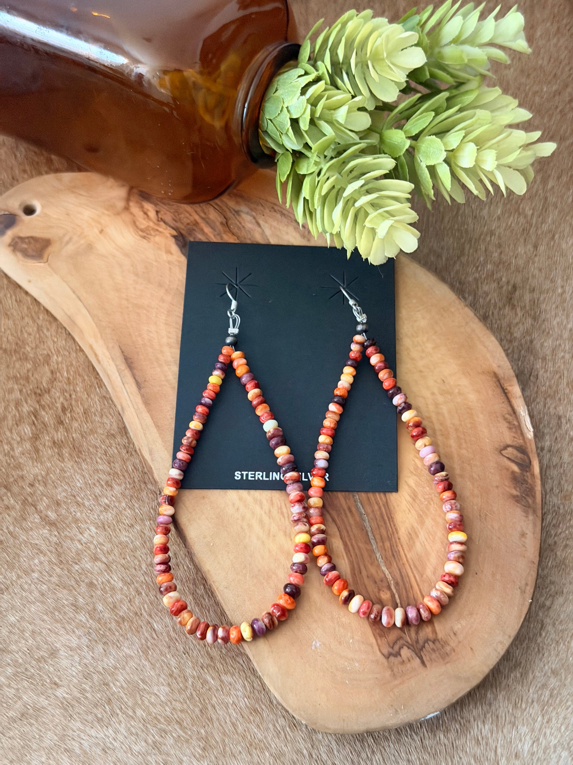 Navajo Strung Spiny Oyster & Sterling Silver Dangle Beaded Earrings