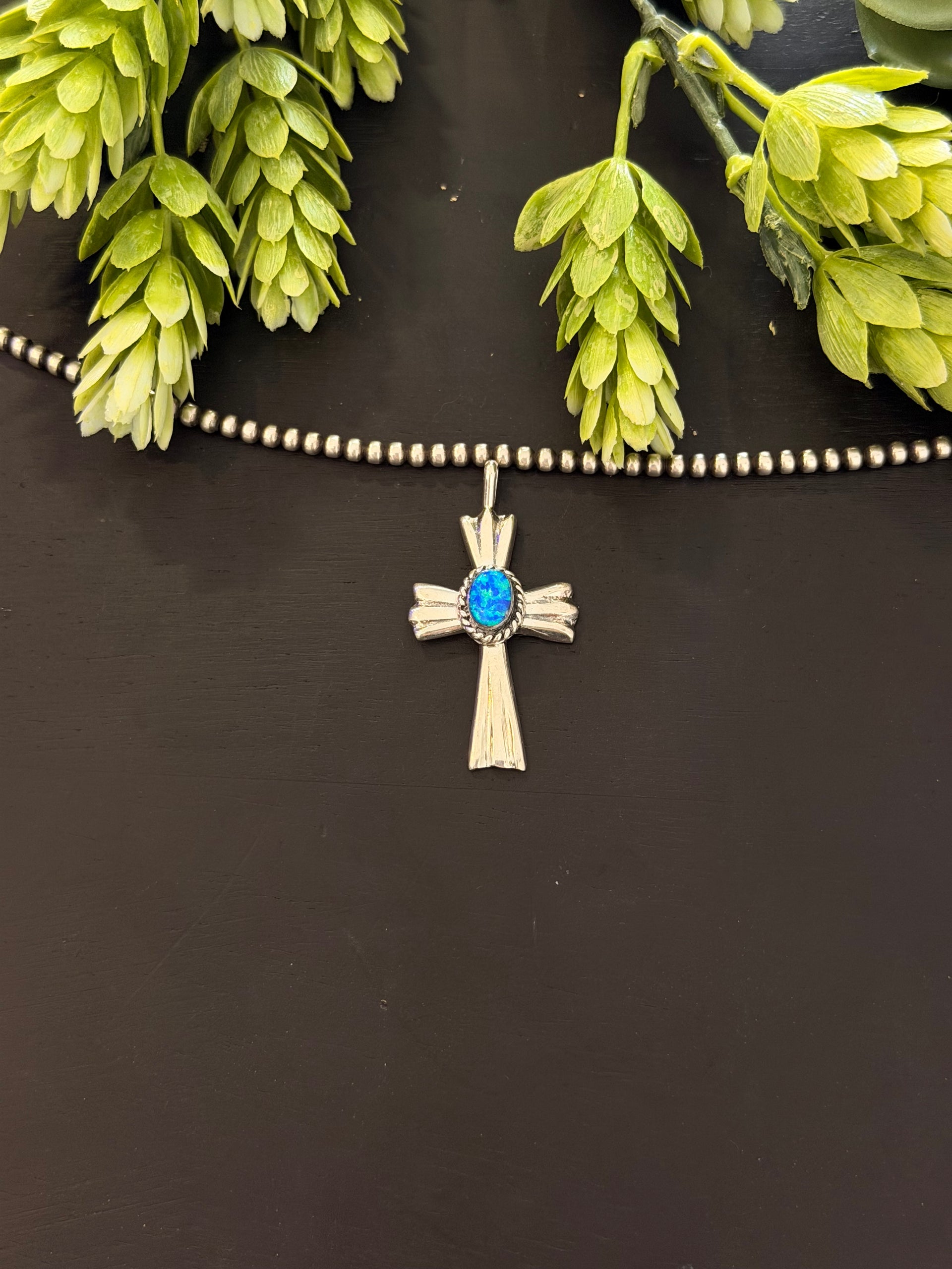 Navajo Made Blue Opal (Man Made) & Sterling Silver Cross Pendant