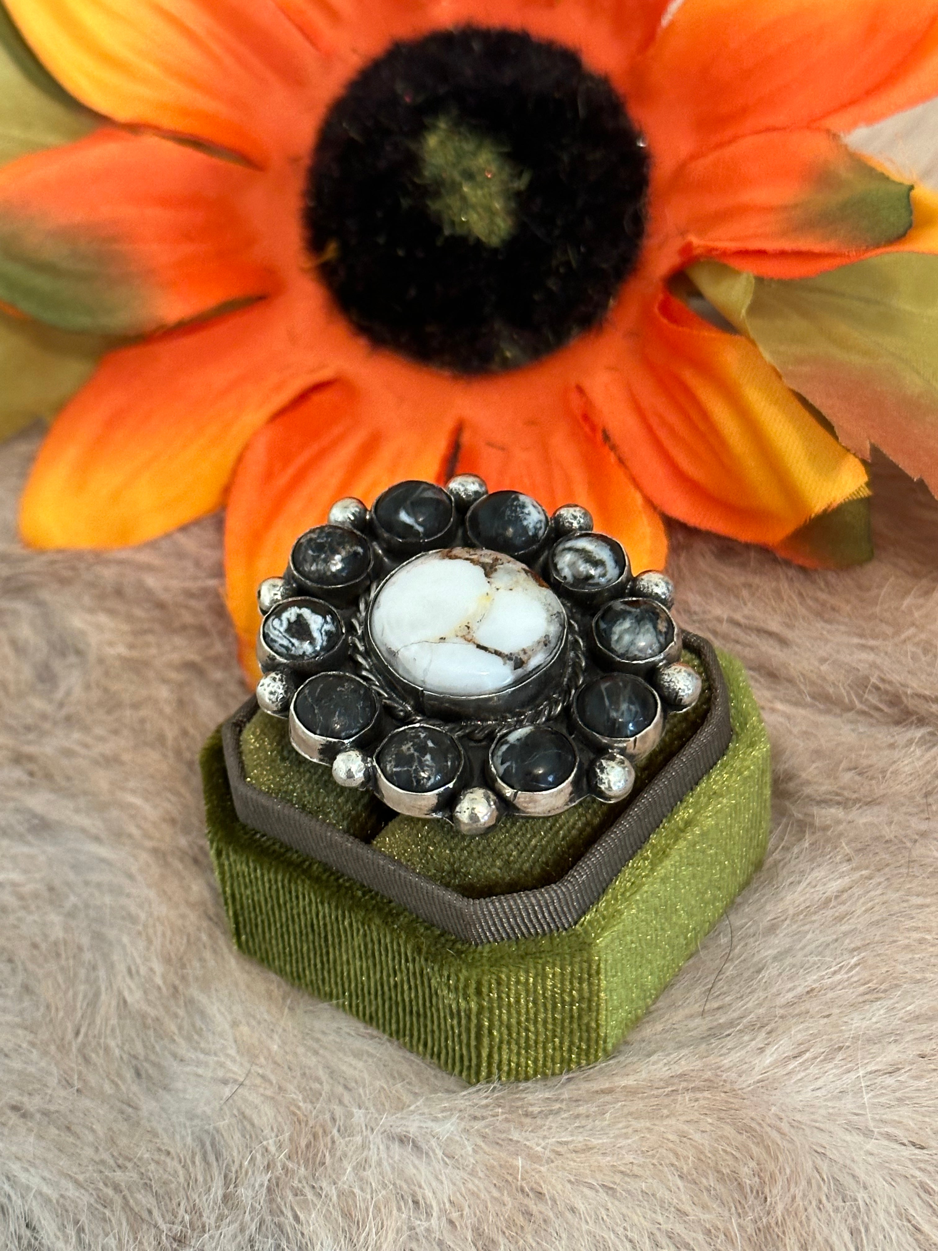 Navajo Handmade White Buffalo & Sterling Silver Adjustable Cluster Ring