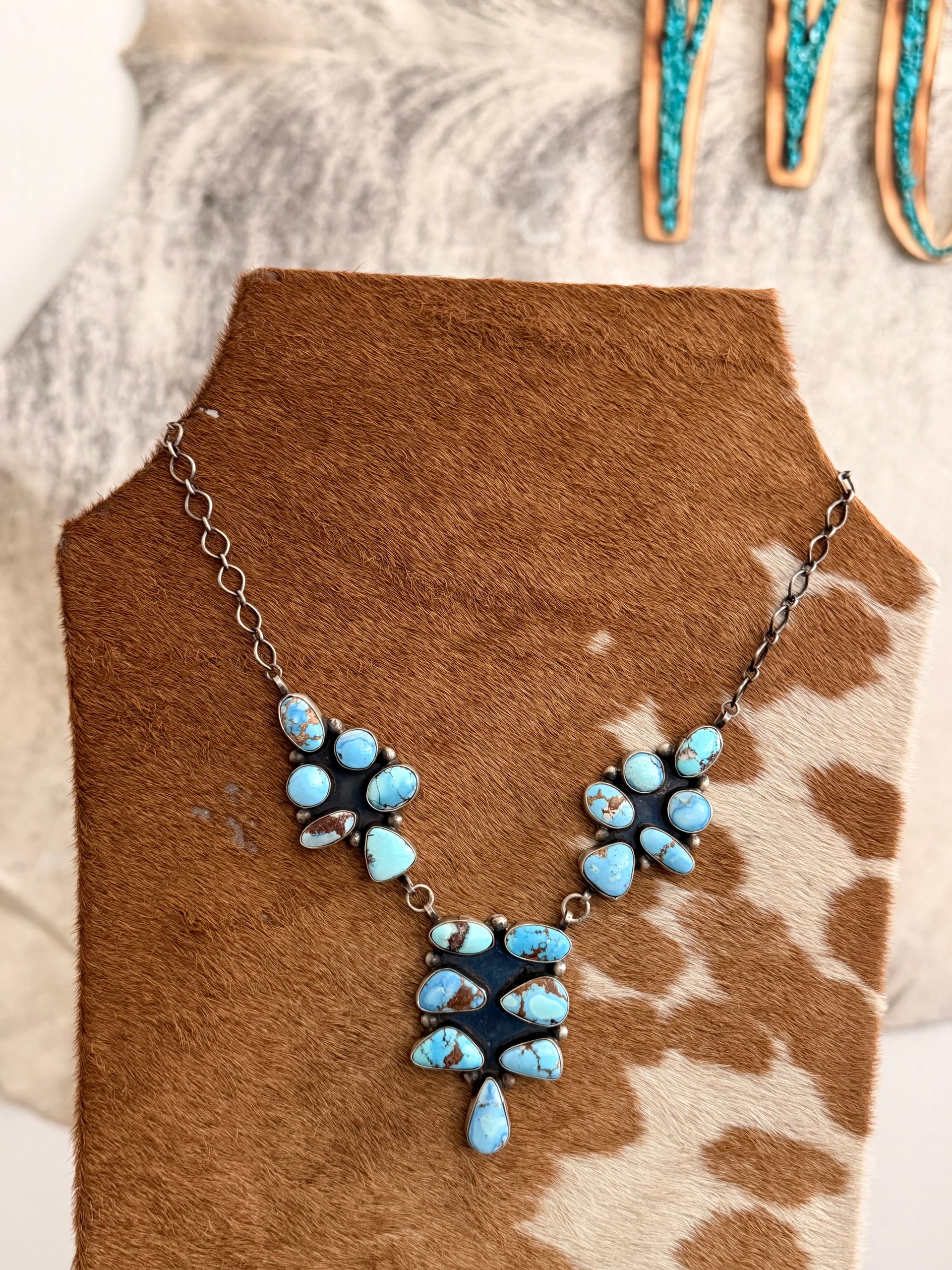 Navajo Made Golden Hills Turquoise & Sterling Silver Cluster Necklace Set