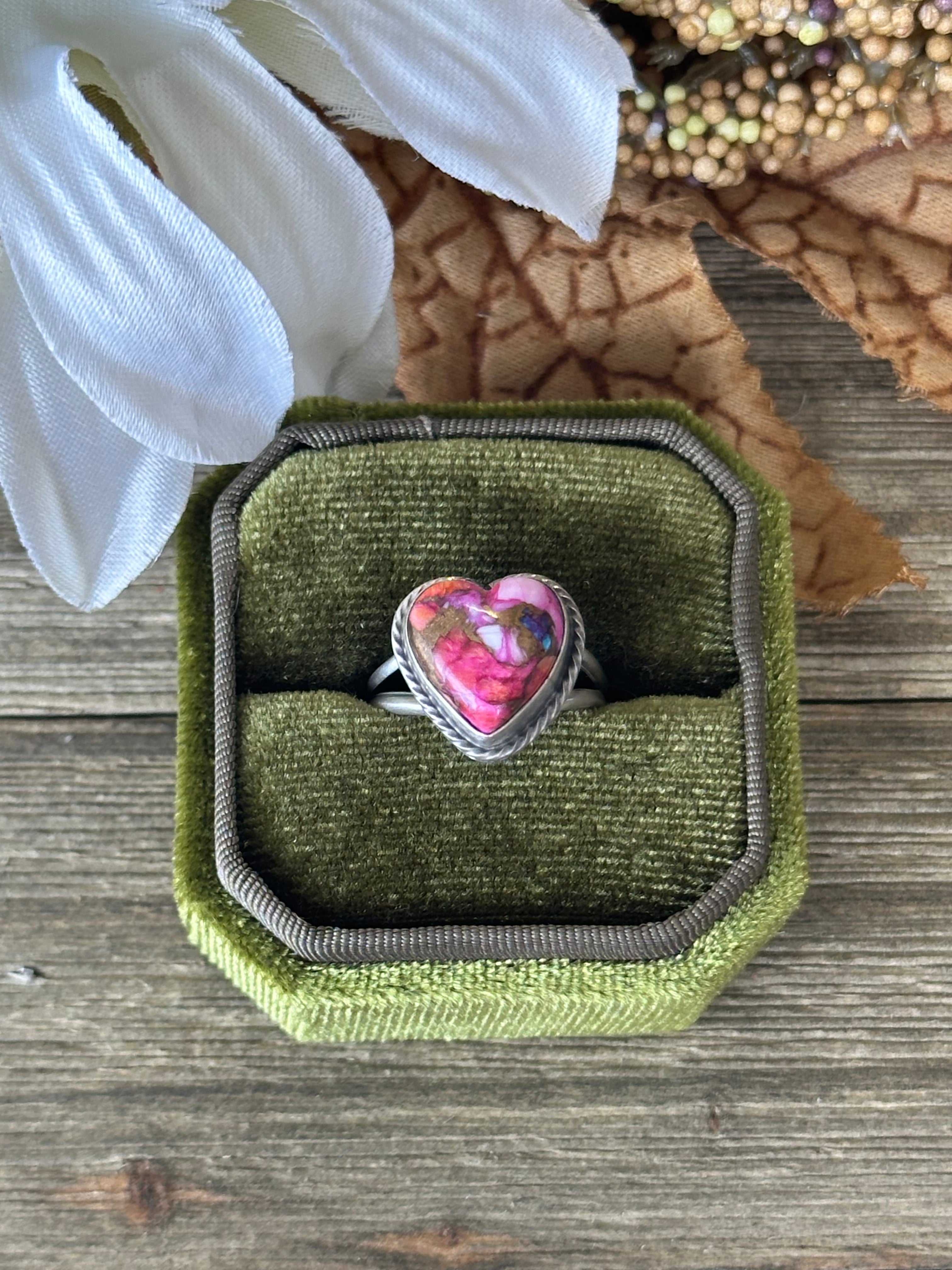 Navajo Made Pink Mohave Turquoise & Sterling Silver Heart Ring