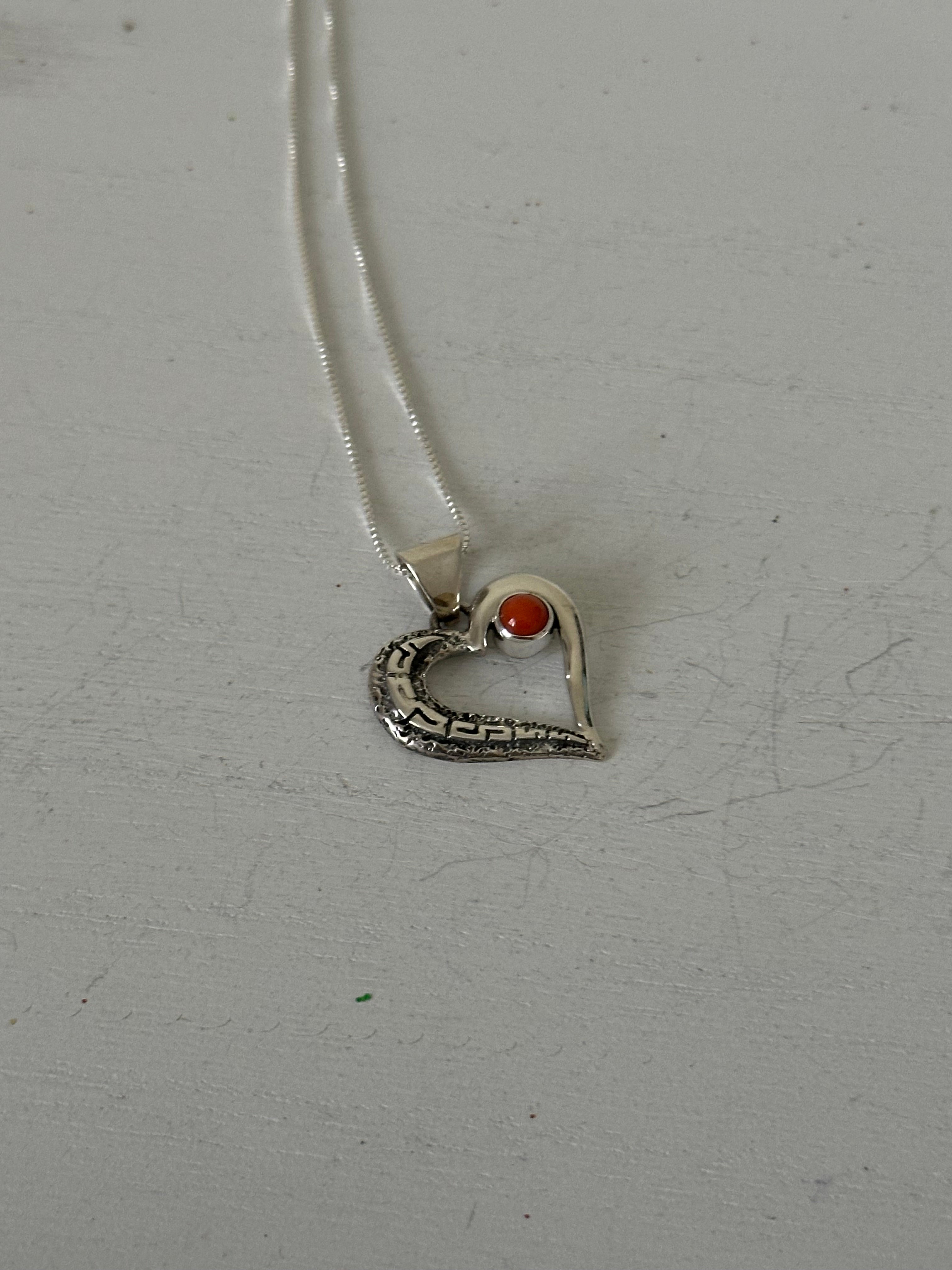 Navajo Made Coral & Sterling Silver Heart Necklace