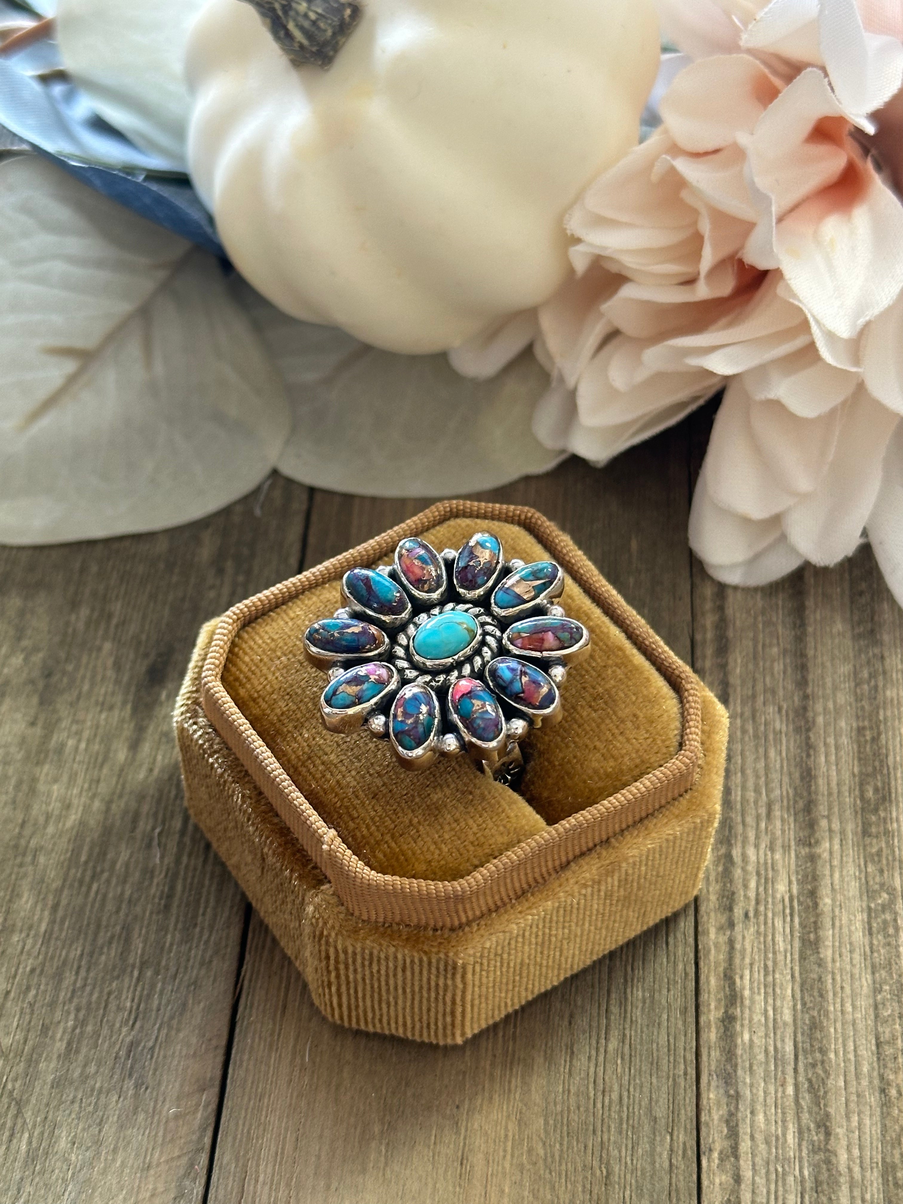 Southwest Handmade Mohave Turquoise & Sterling Silver Adjustable Cluster Ring