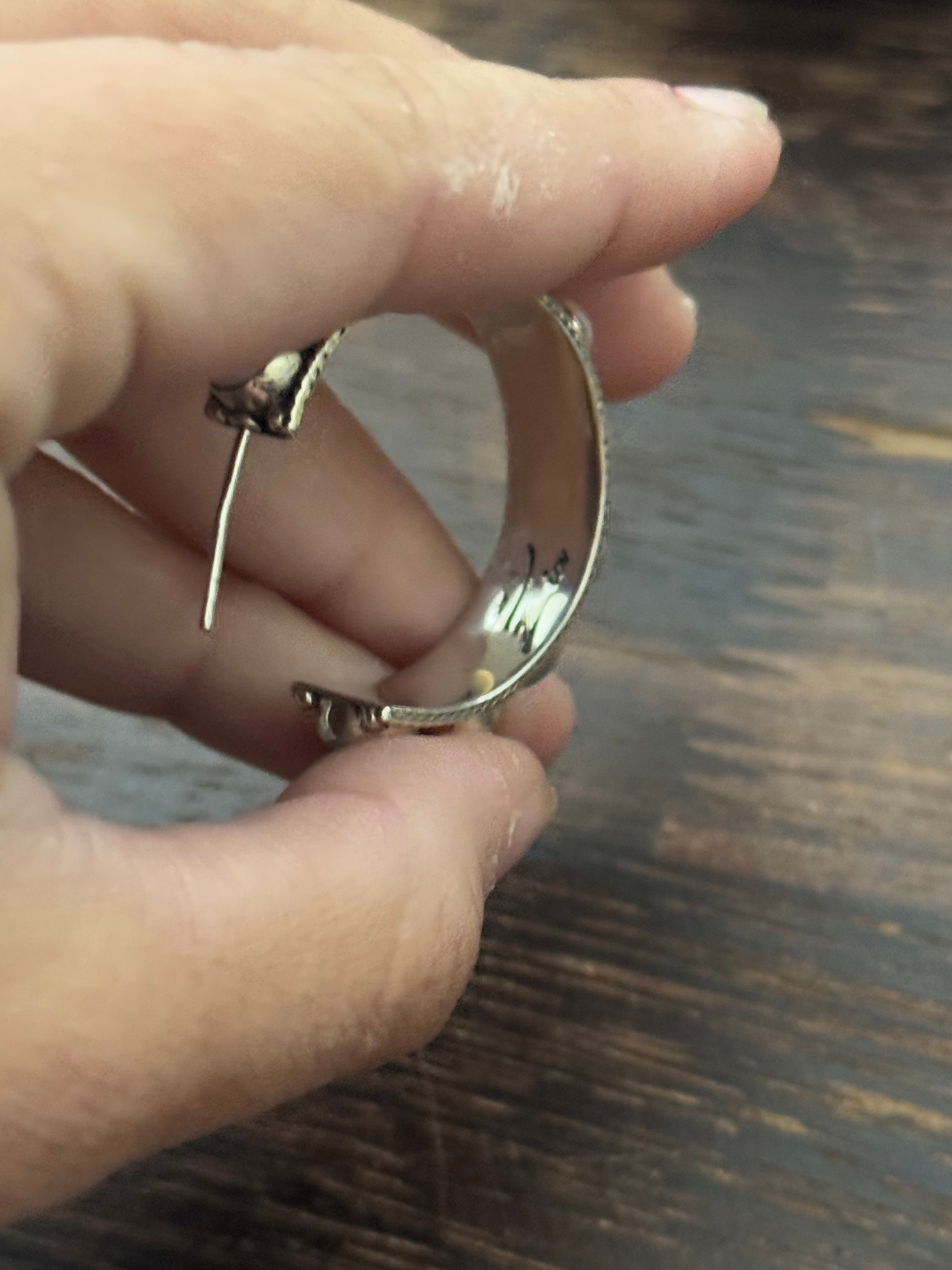 Navajo Made Coral & Sterling Silver Hoop Earrings