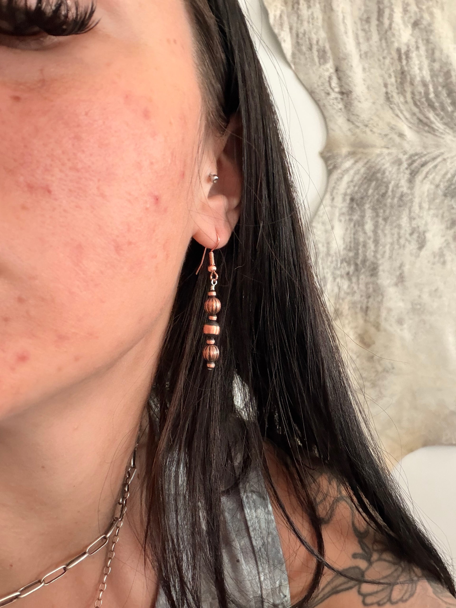 Navajo Strung Copper Graduated Machine Made Pearls Dangle Earrings