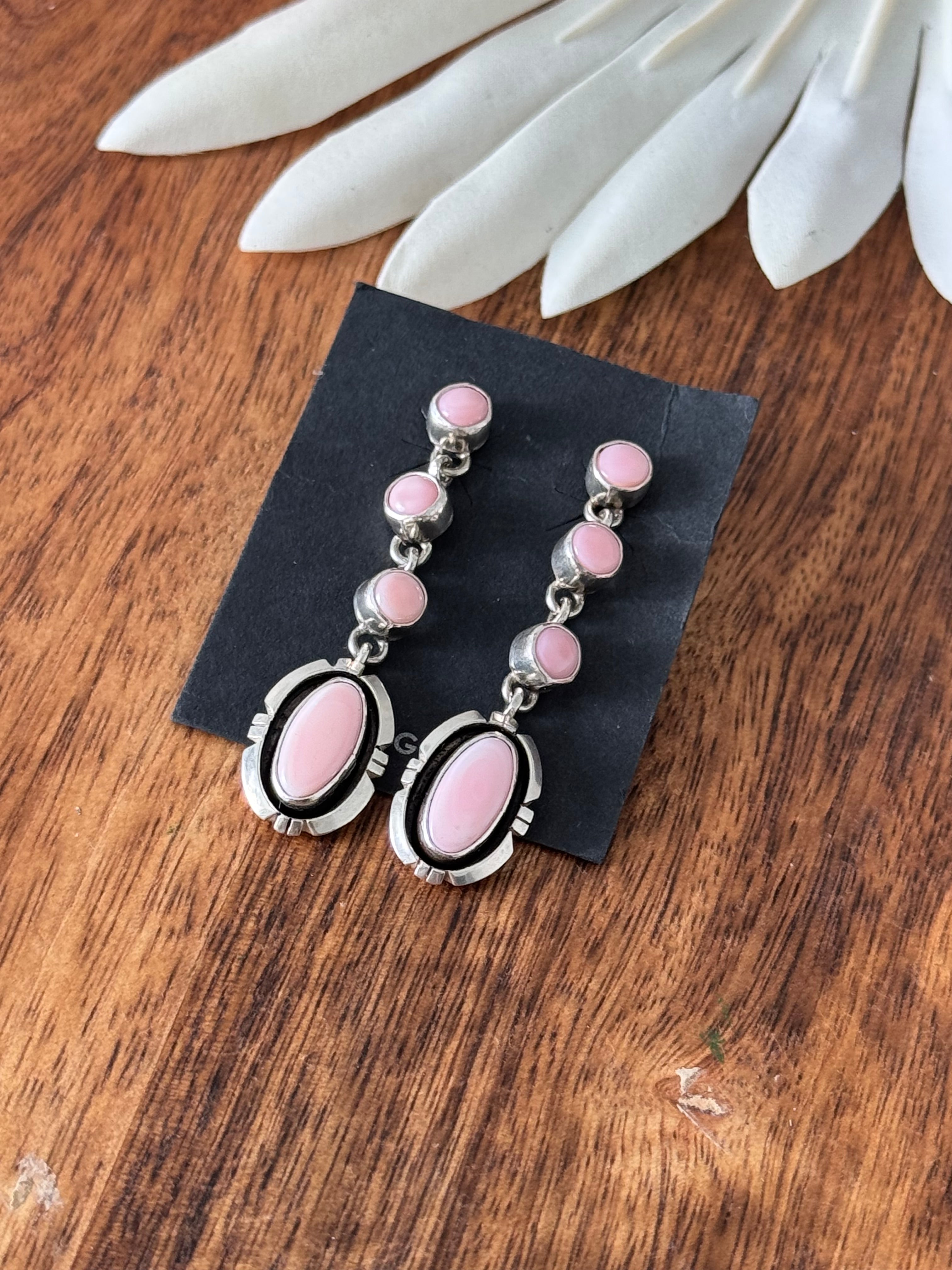 Navajo Made Pink Conch & Sterling Silver Post Dangle Earrings