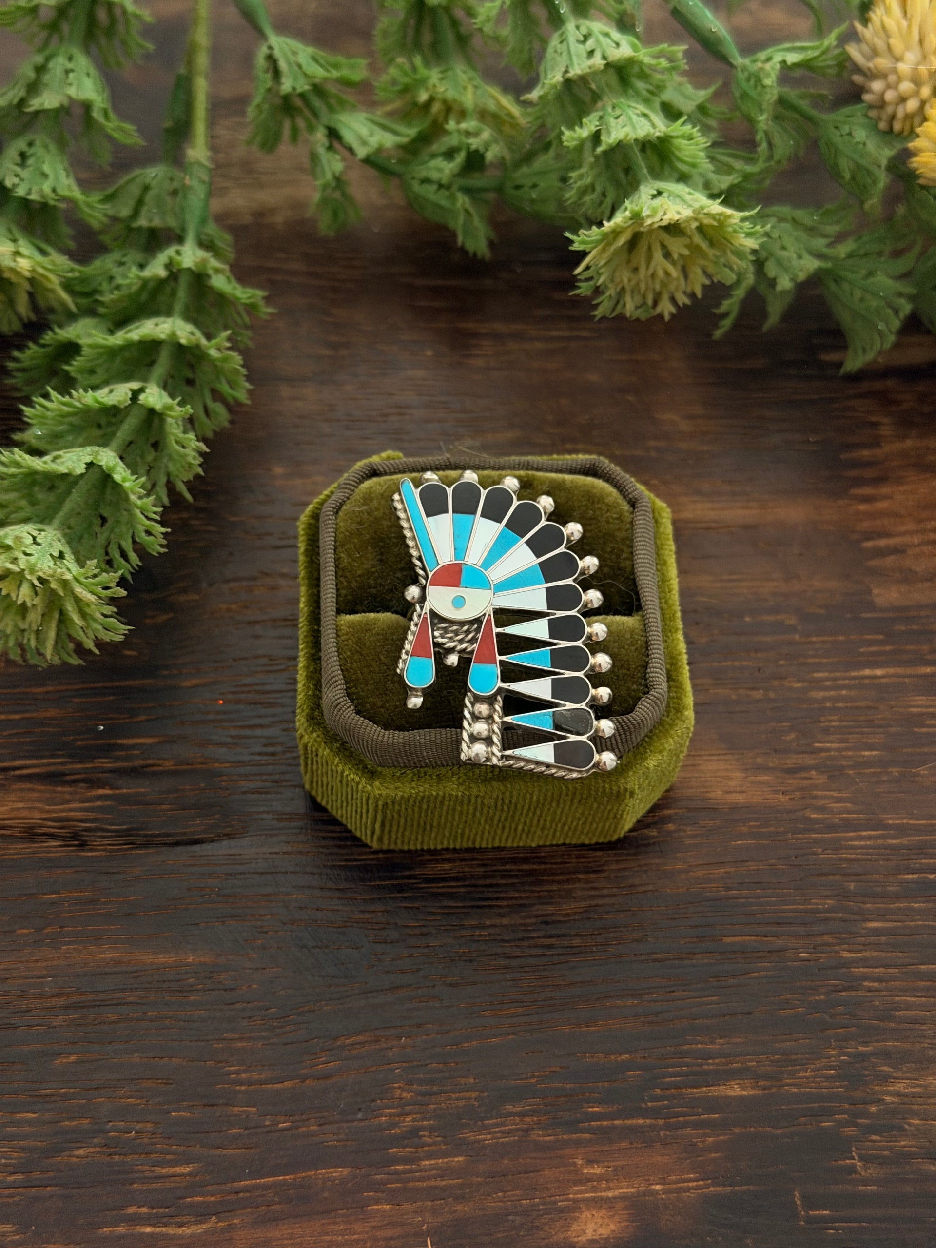 Zuni Made Multi Stone & Sterling Silver Inlay Chief Ring Size 10.5