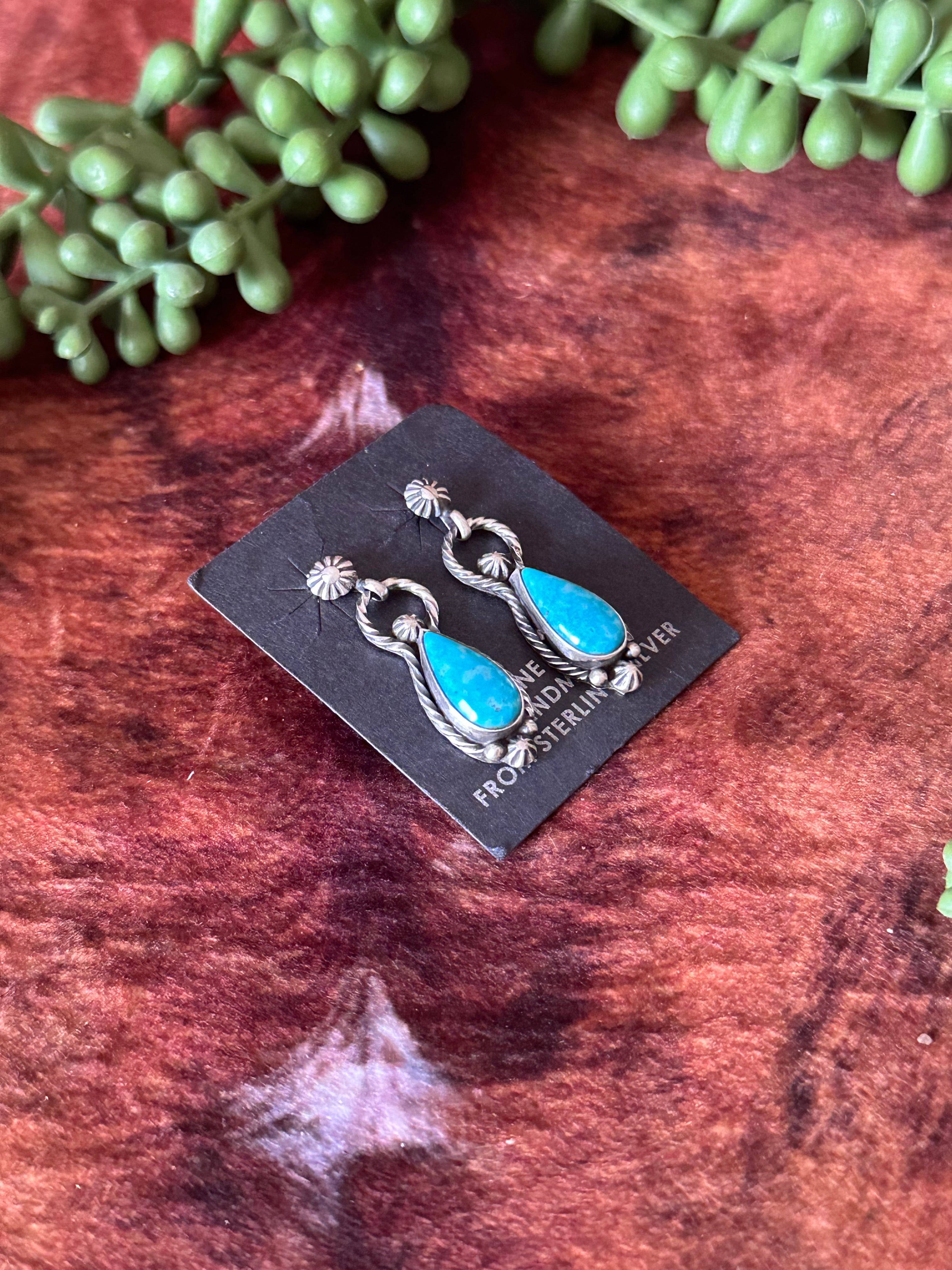 Navajo Handmade Kingman Turquoise & Sterling Silver Post Dangle Earrings