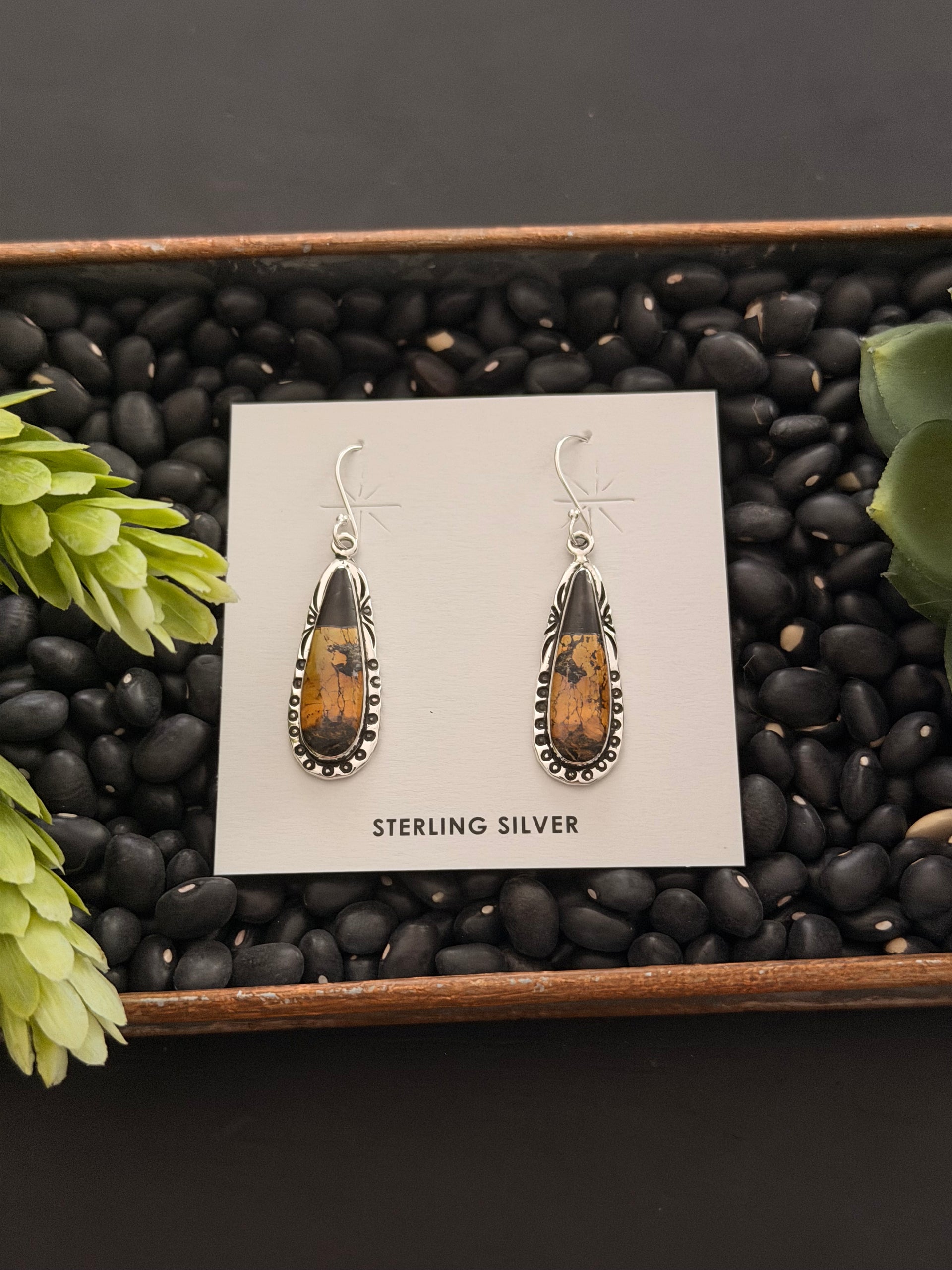 Navajo Made Black Jack Turquoise & Sterling Silver Dangle Earrings