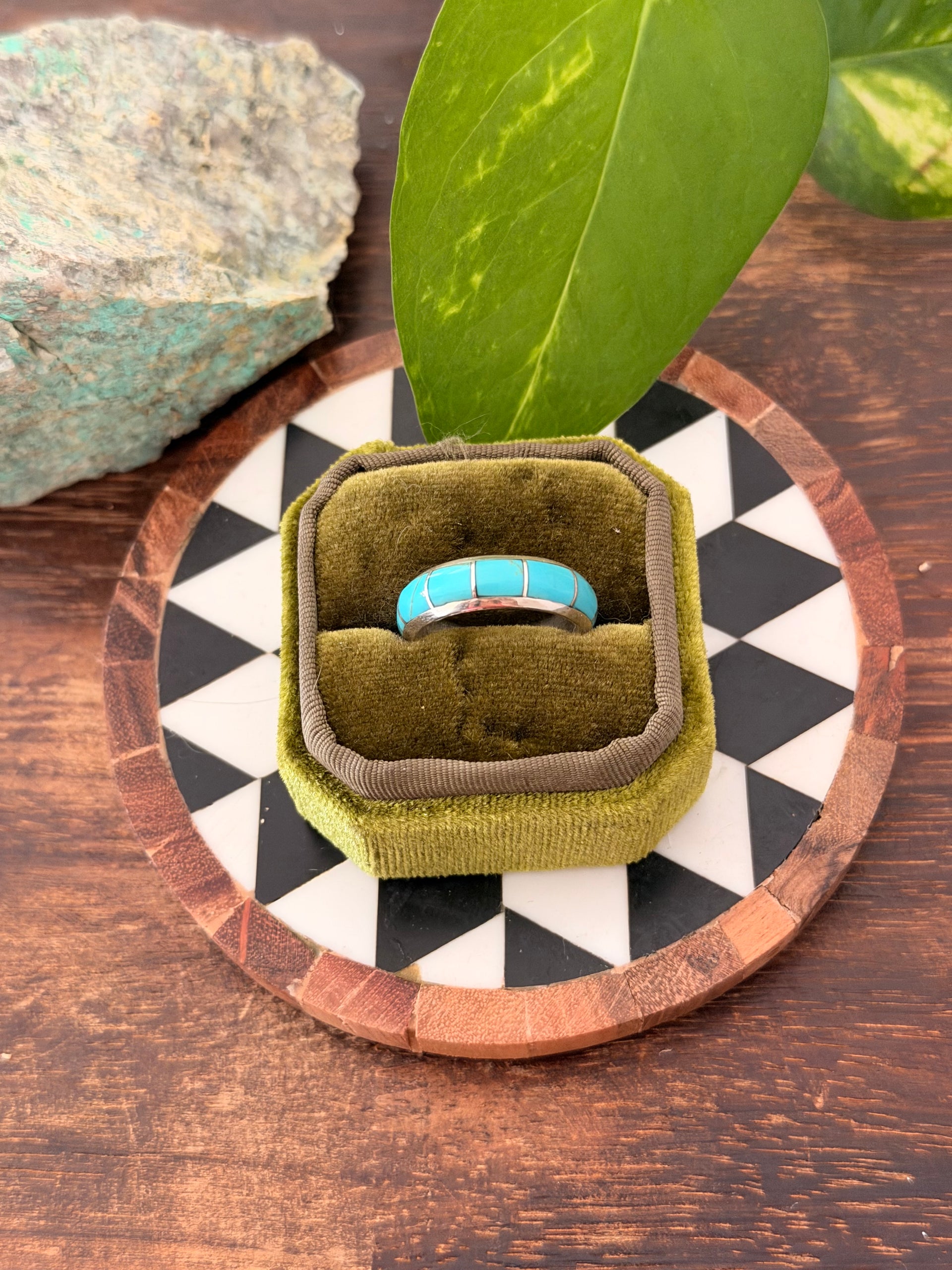 Navajo Made Kingman Turquoise & Sterling Silver Inlay Band Ring