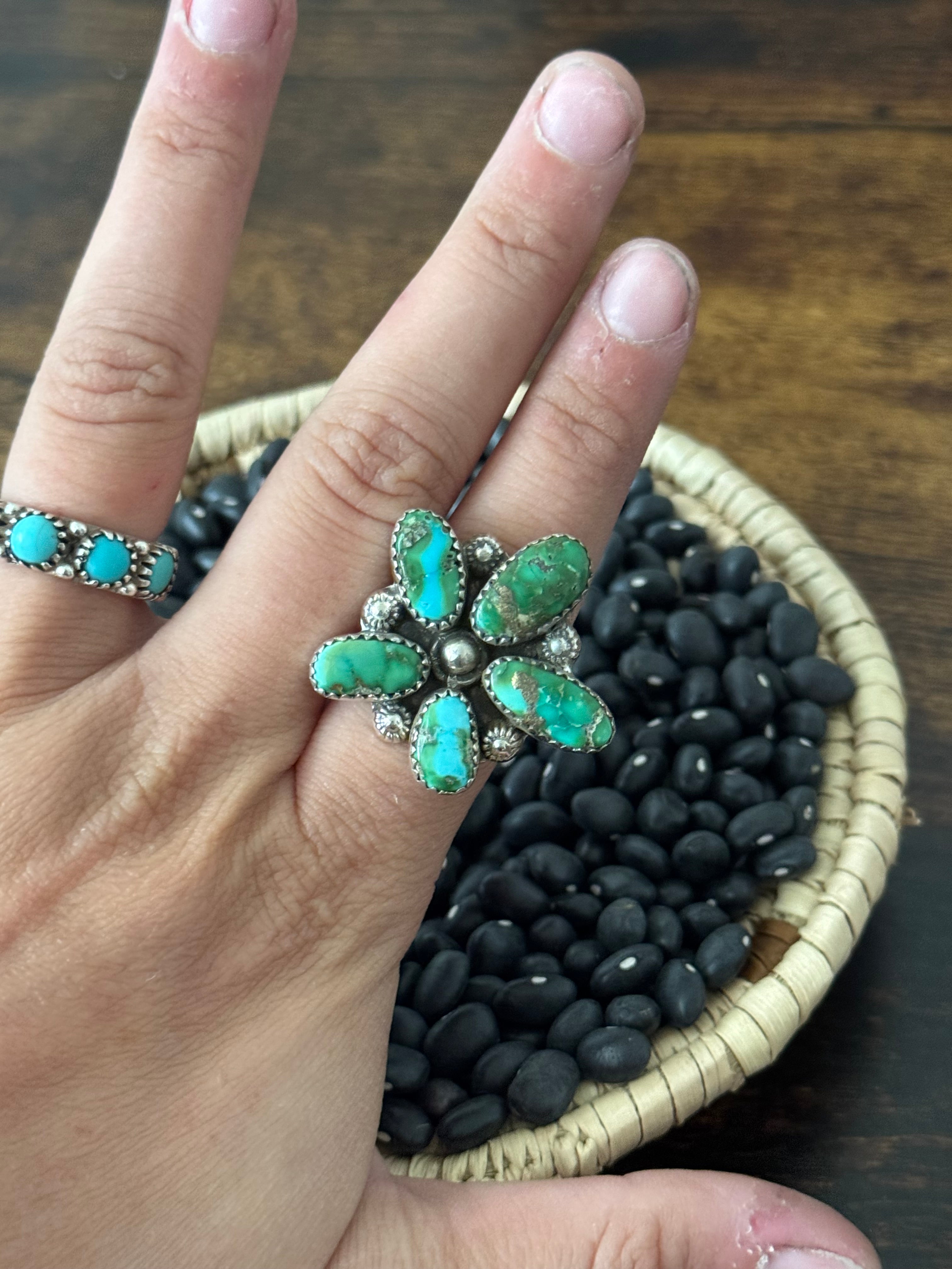 Southwest Handmade Sonoran Mountain Turquoise & Sterling Silver Adjustable Cluster Ring