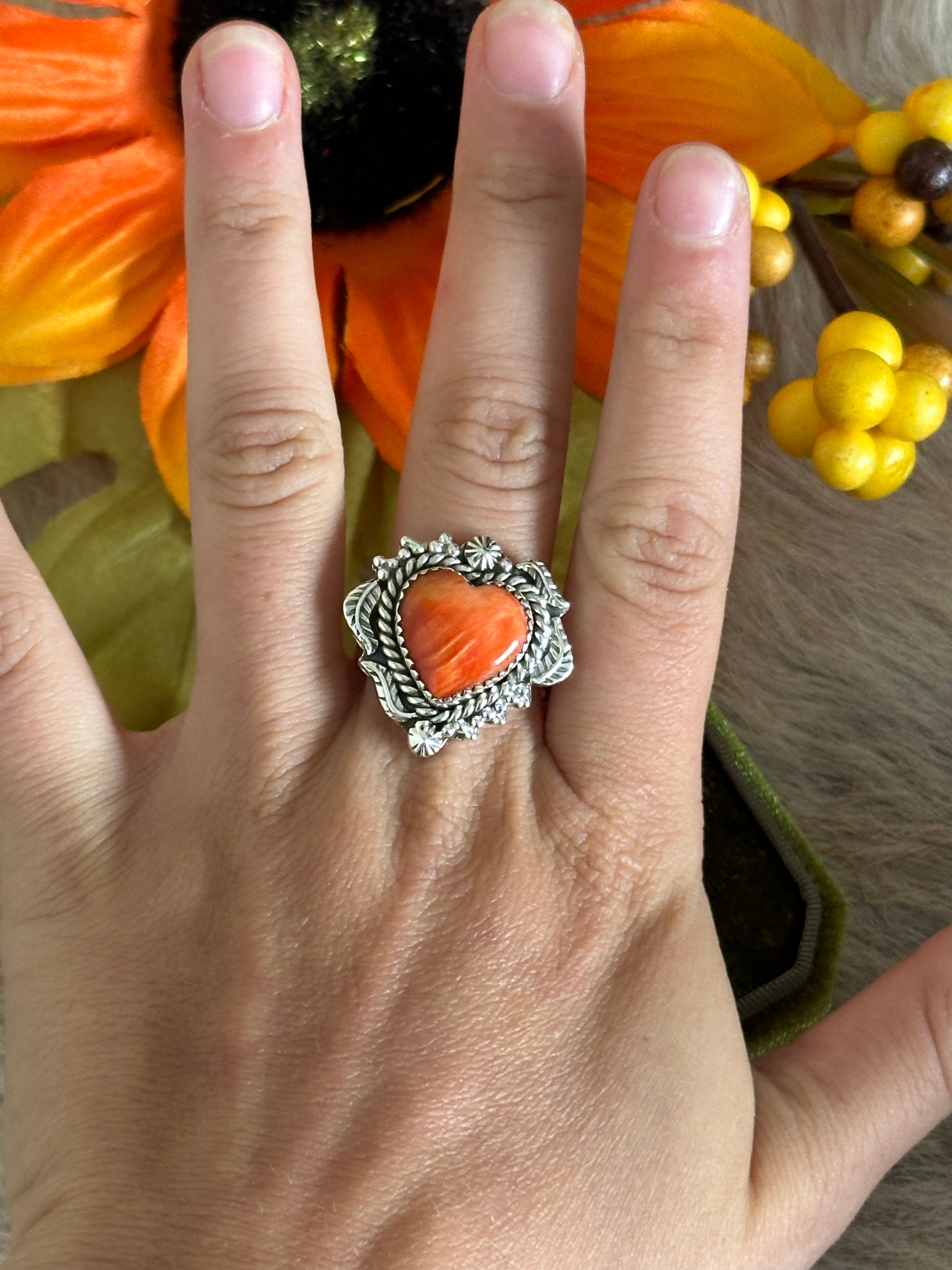 Southwest Handmade Spiny Oyster & Sterling Silver Adjustable Heart Ring