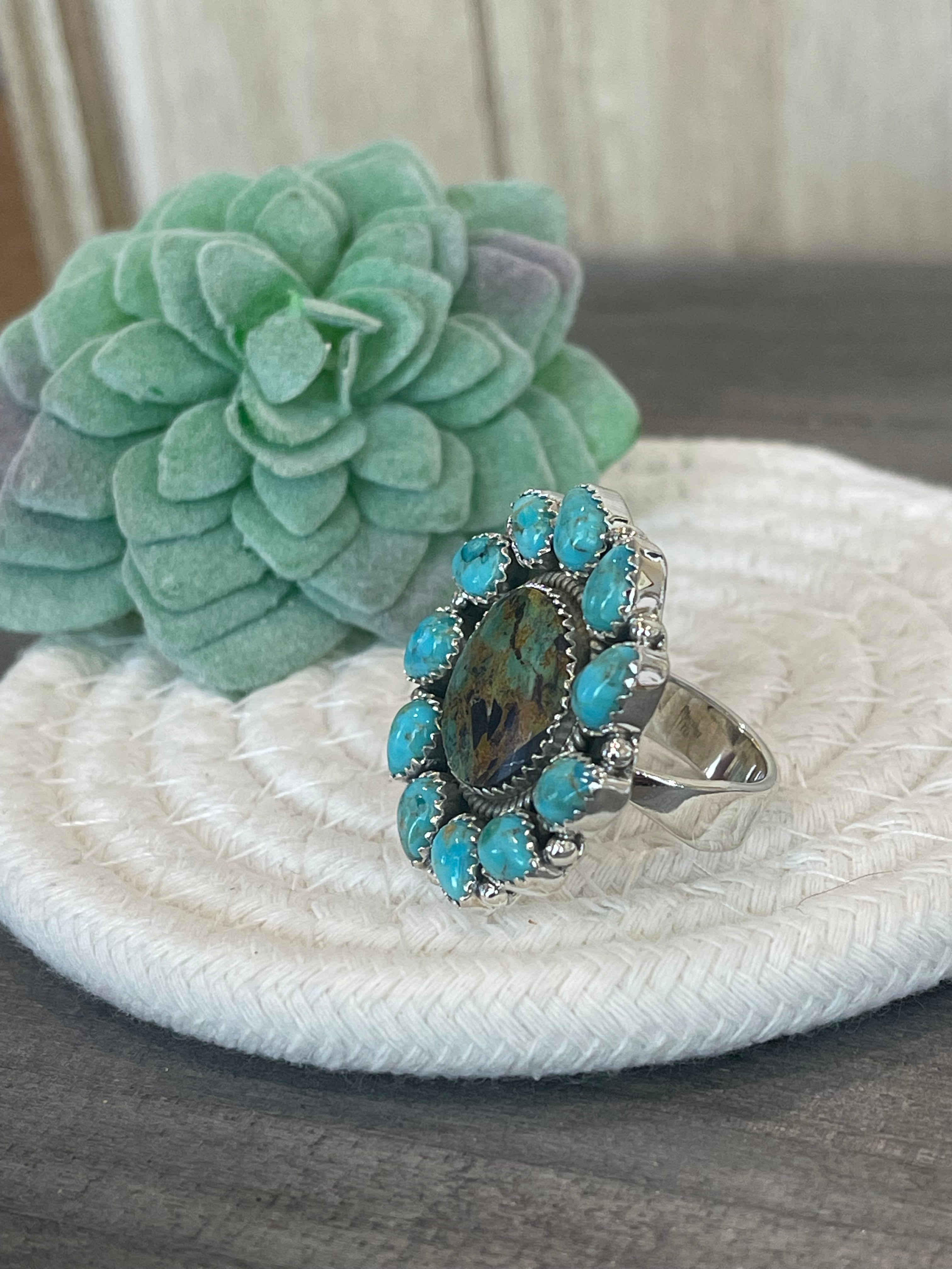 Southwest Handmade BlackJack Turquoise And Kingman Turquoise & Sterling Silver Adjustable Ring