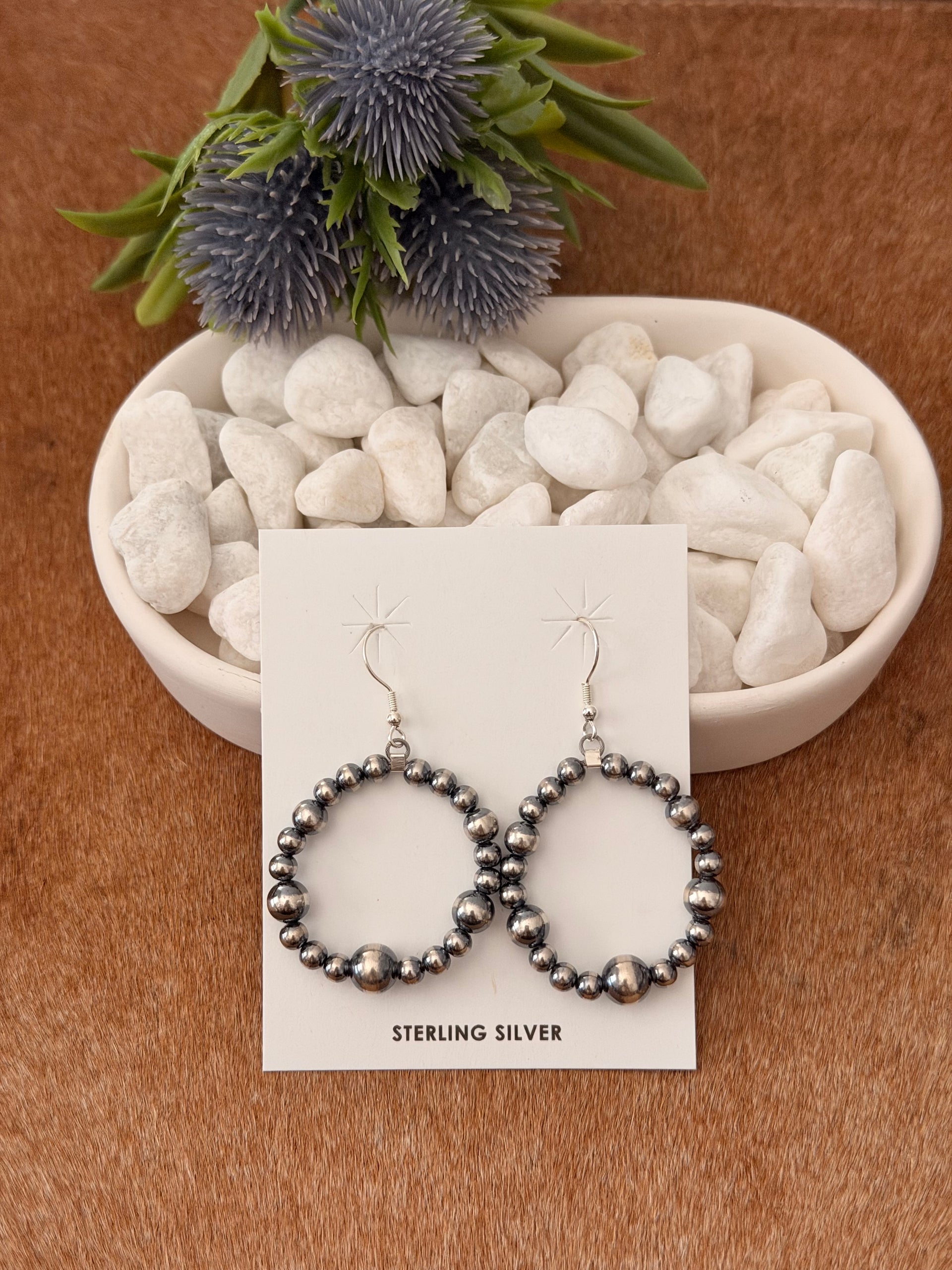 Navajo Strung Machine Made Sterling Silver Graduated Pearl Dangle Earrings