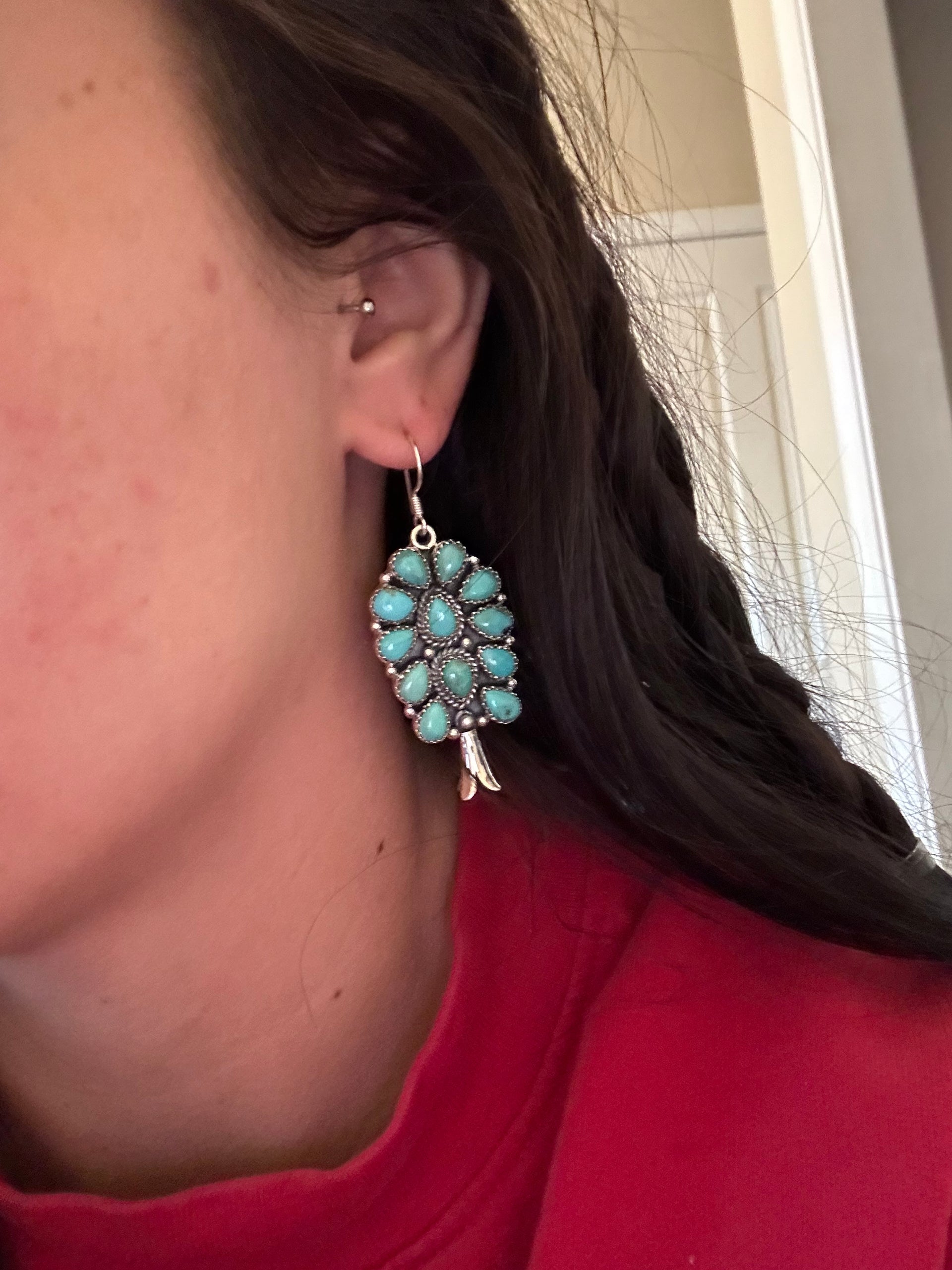 Southwest Handmade Kingman Turquoise& Sterling Silver Dangle Cluster Earrings