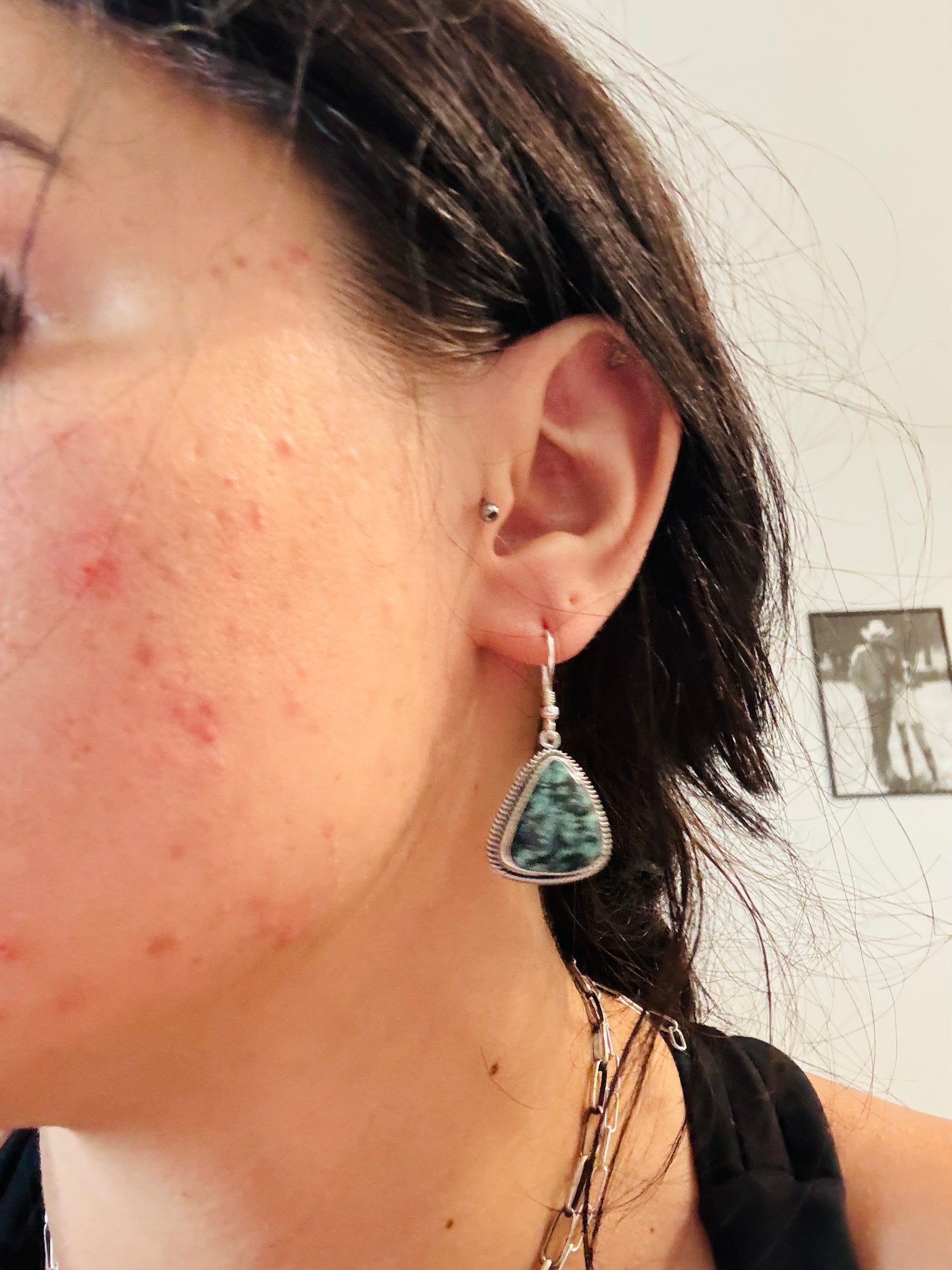 Southwest Handmade Emerald Rose Variscite & Sterling Silver Dangle Earrings