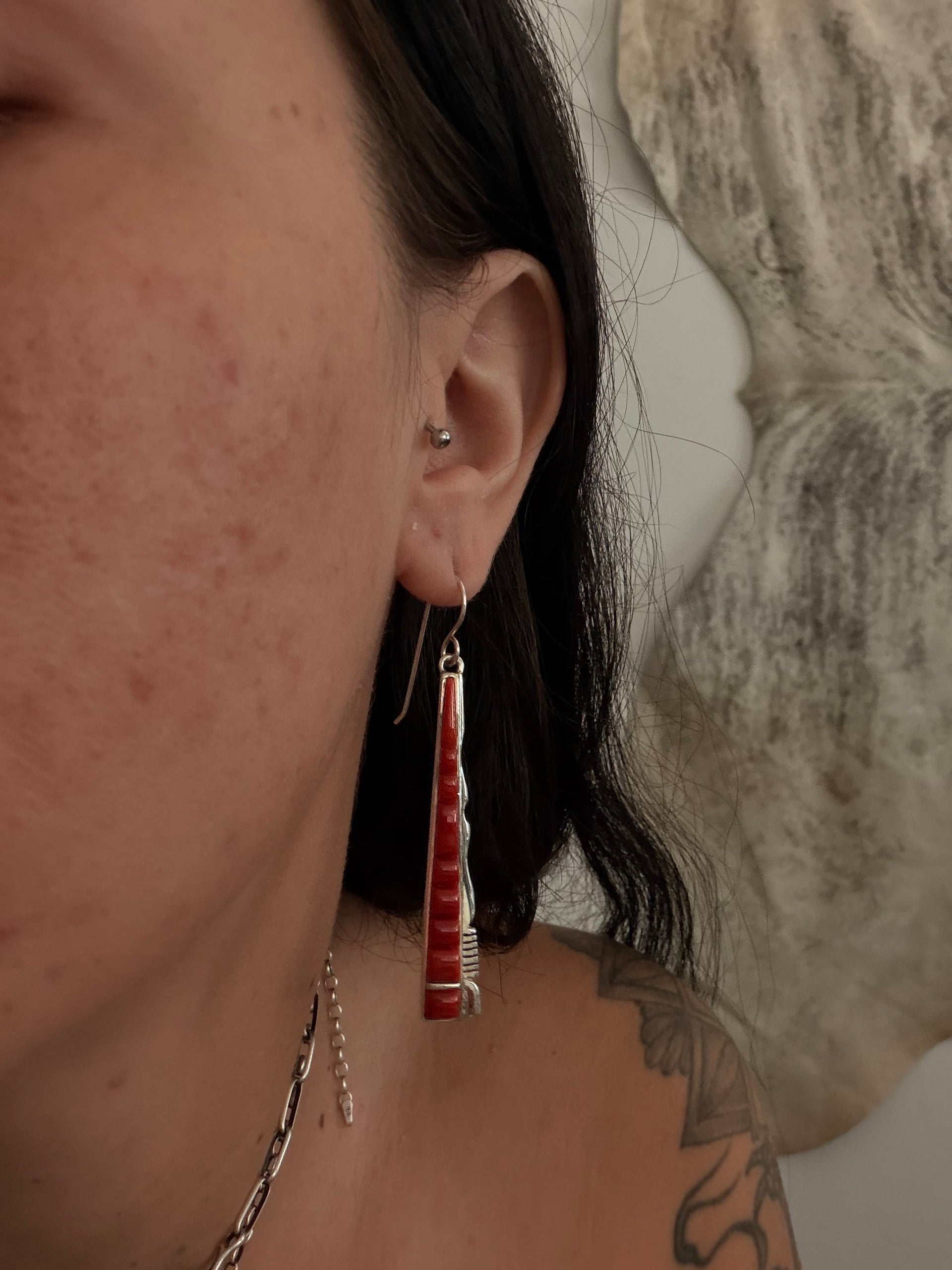 Calvin Begay Red Coral & Sterling Silver Cobblestone Dangle Earrings