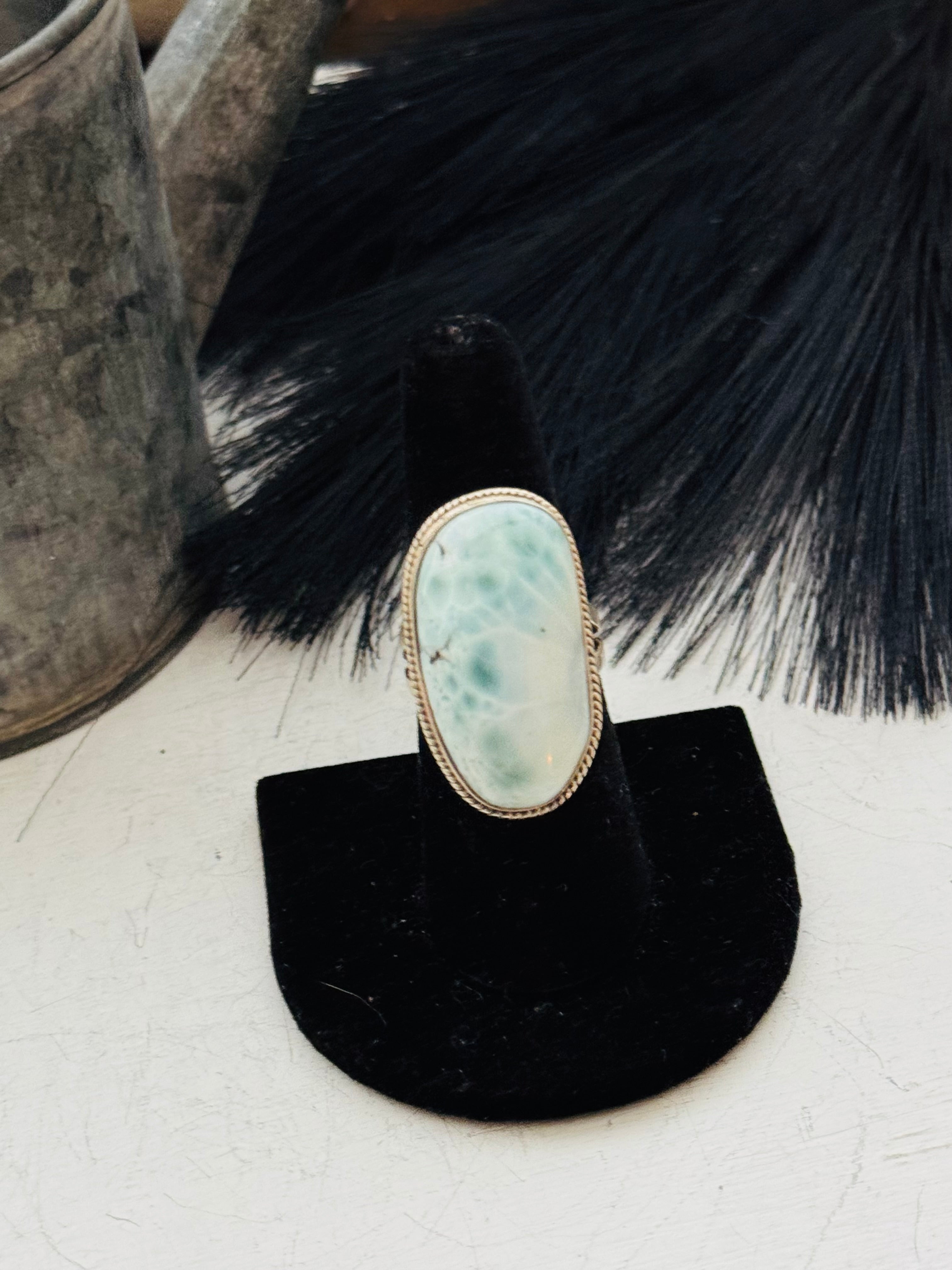 Southwest Handmade Larimar & Sterling Silver Ring Size 7.5