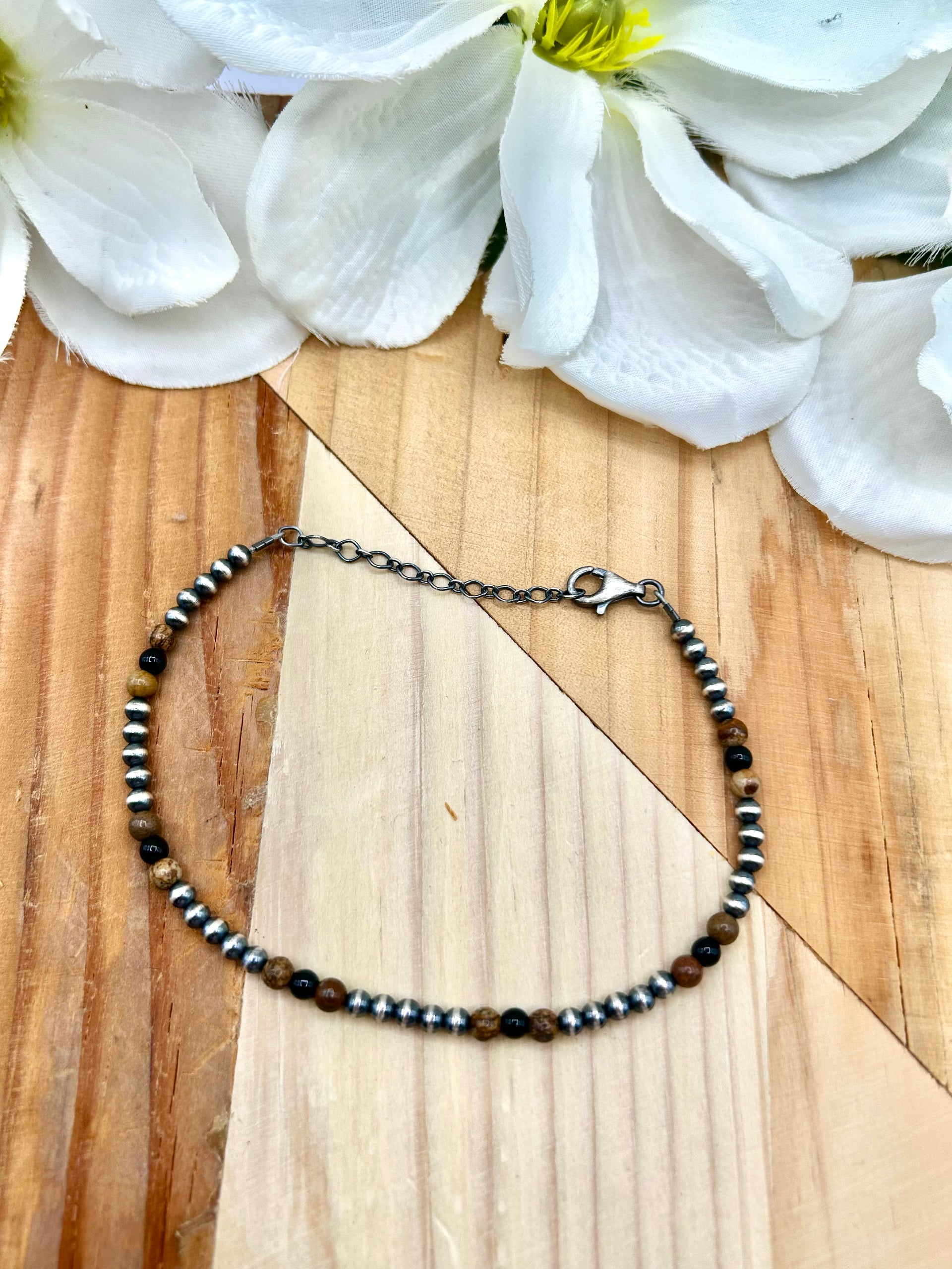 Navajo Made Multi Stone & Sterling Silver Strung Anklet