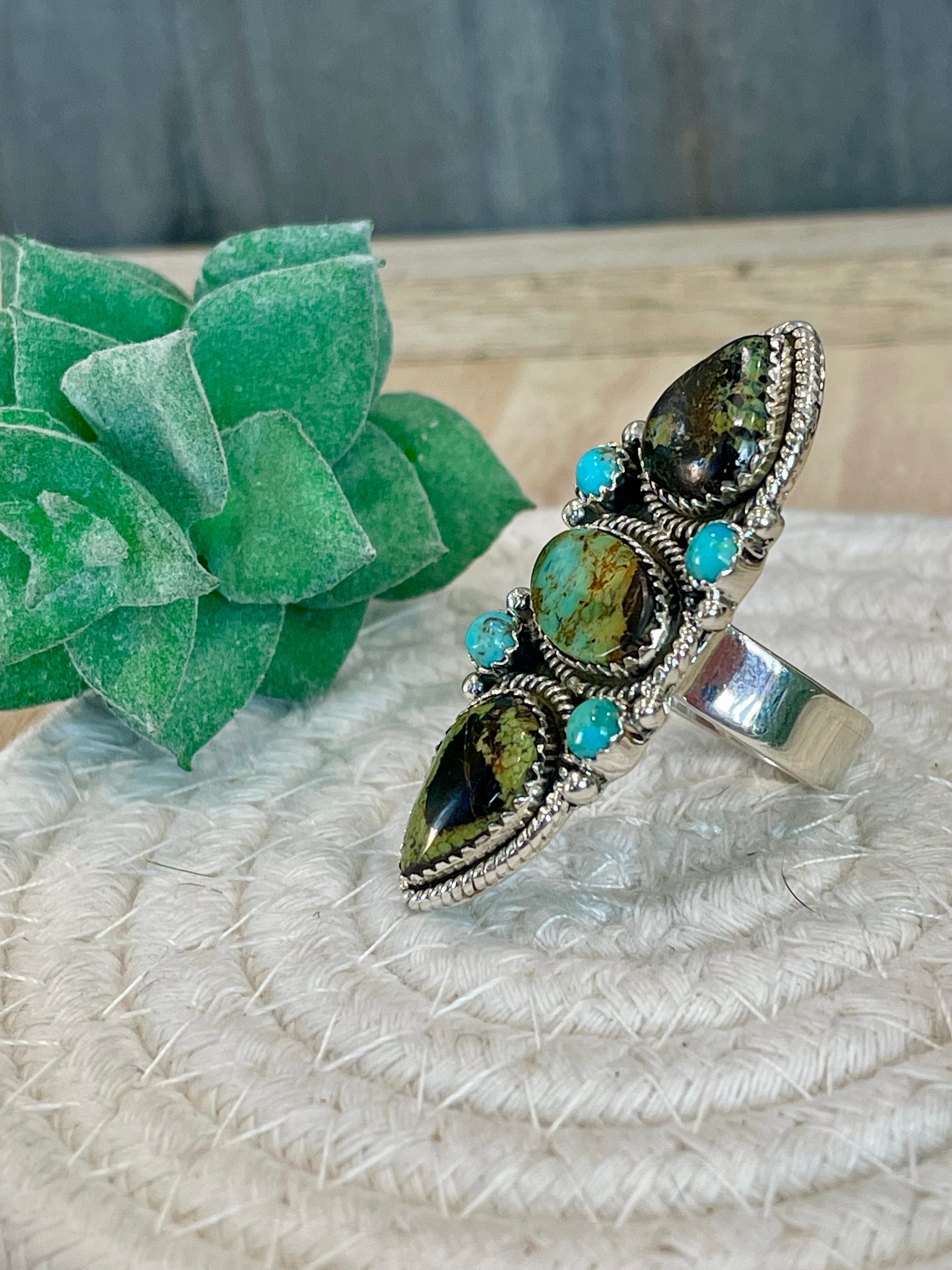 Southwest Handmade BlackJack Turquoise And Kingman Turquoise & Sterling Silver Adjustable Ring