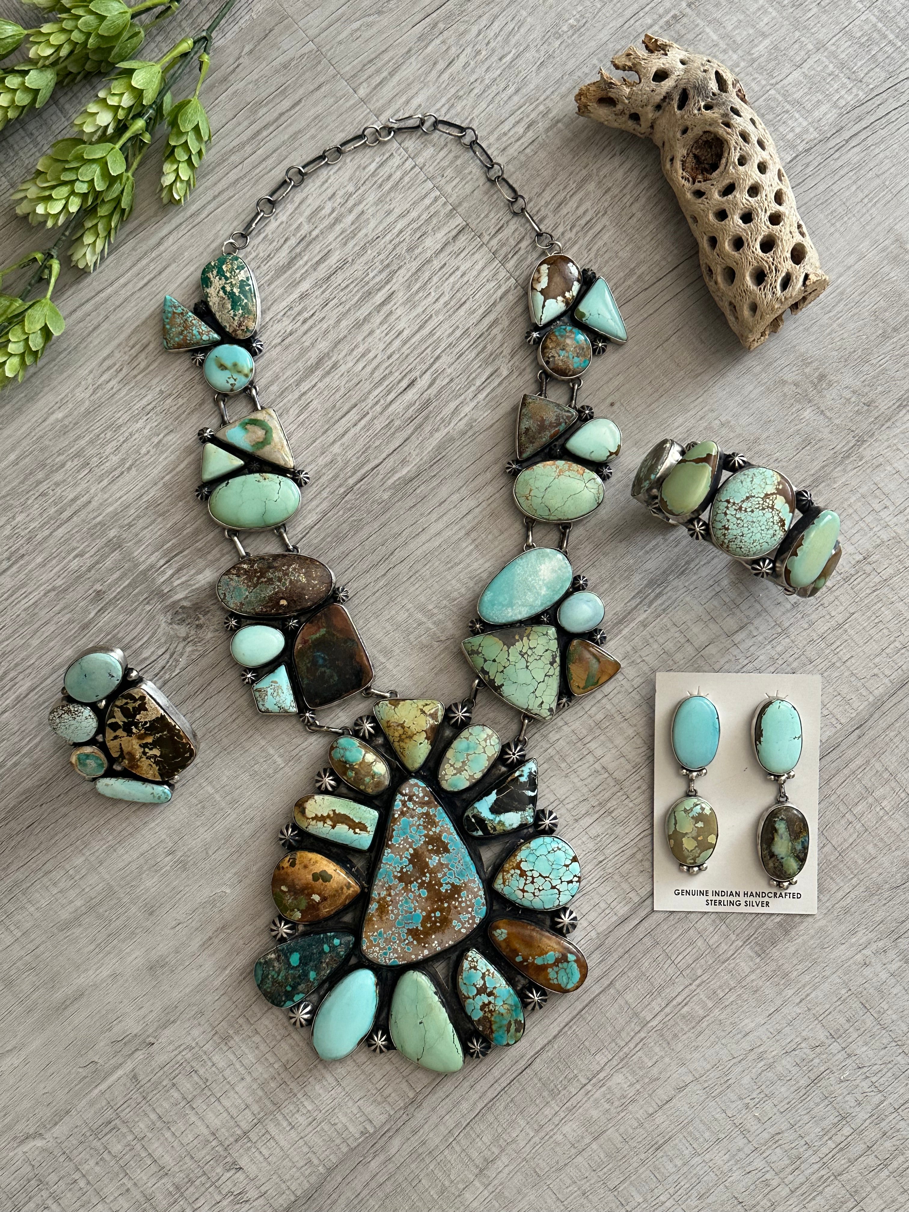 Paul Livingston Natural Royston Turquoise & Sterling Silver Cluster Necklace Set
