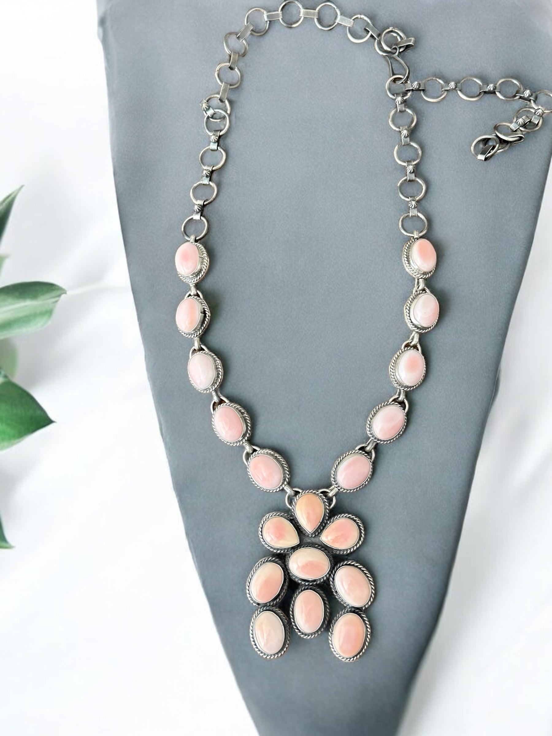 Navajo Made Pink Conch & Sterling Silver Cluster Necklace