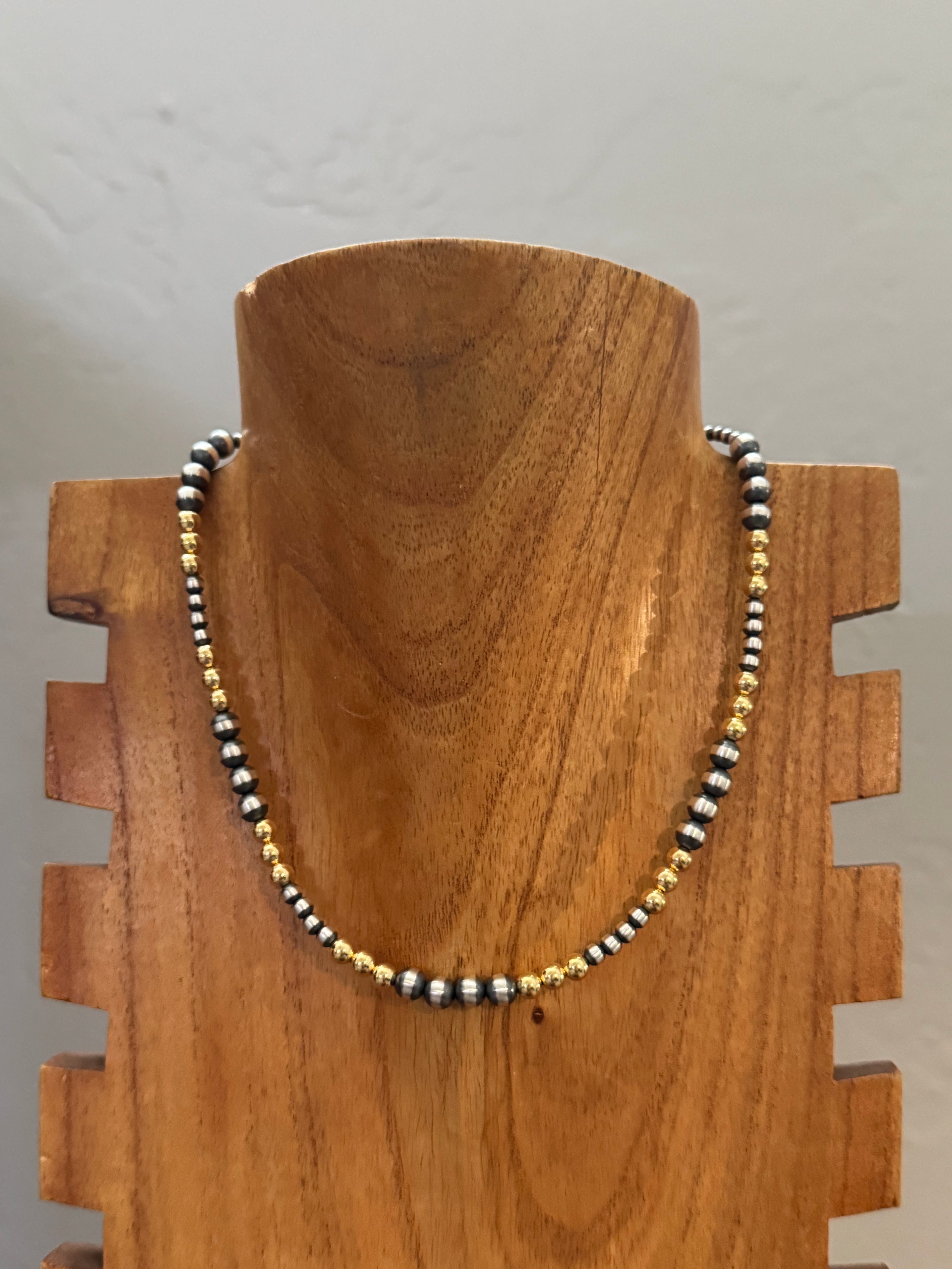 Navajo STRUNG Sterling Silver & 14 kt Gold Plate Graduated Pearl Necklace