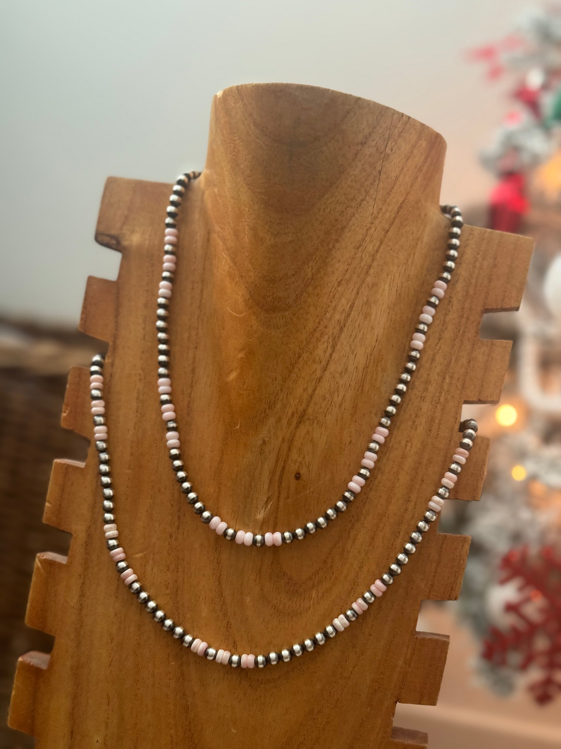 Navajo Strung Pink Conch & Sterling Silver Pearl Necklace