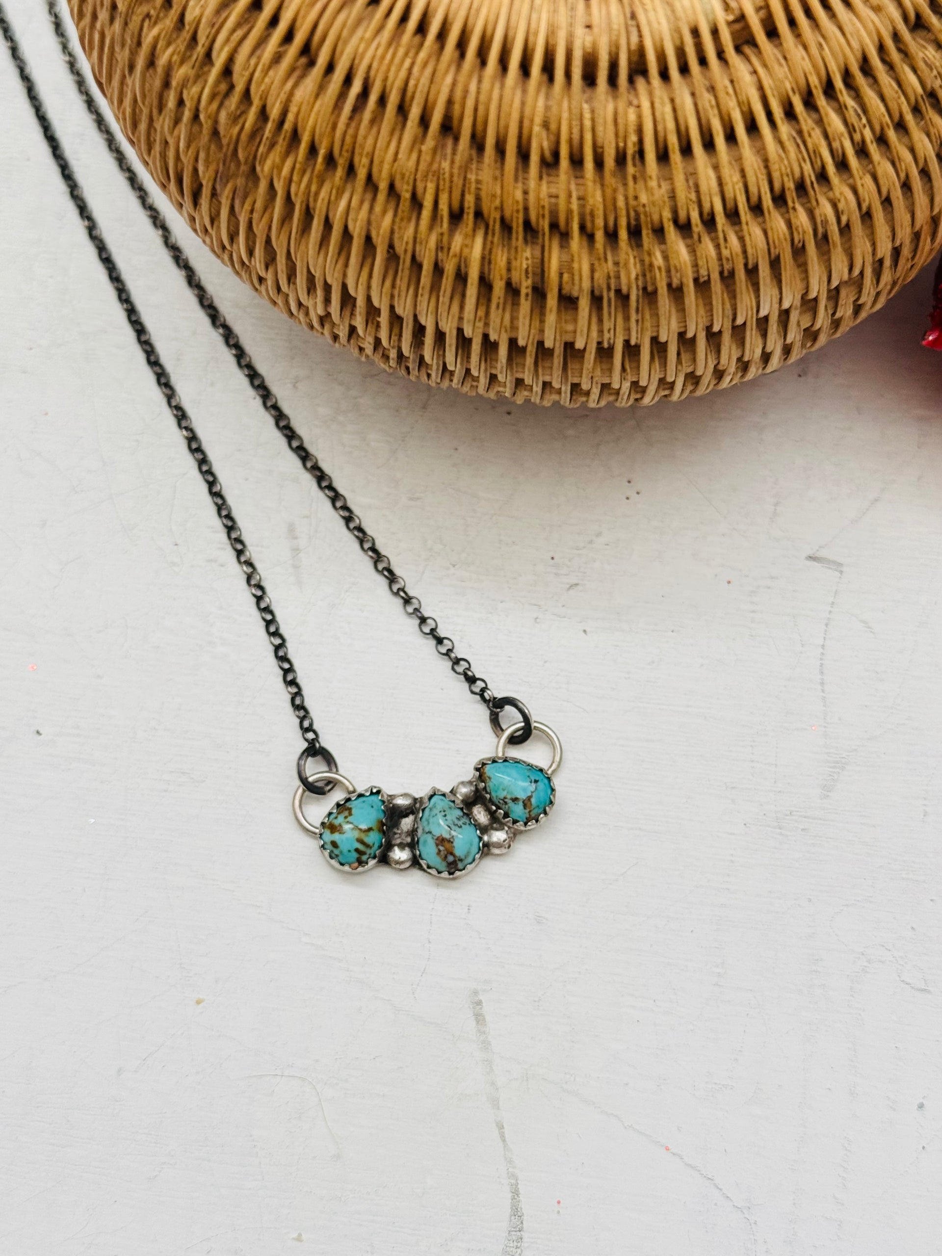 Navajo Made Kingman Turquoise & Sterling Silver 3 Stone Necklace