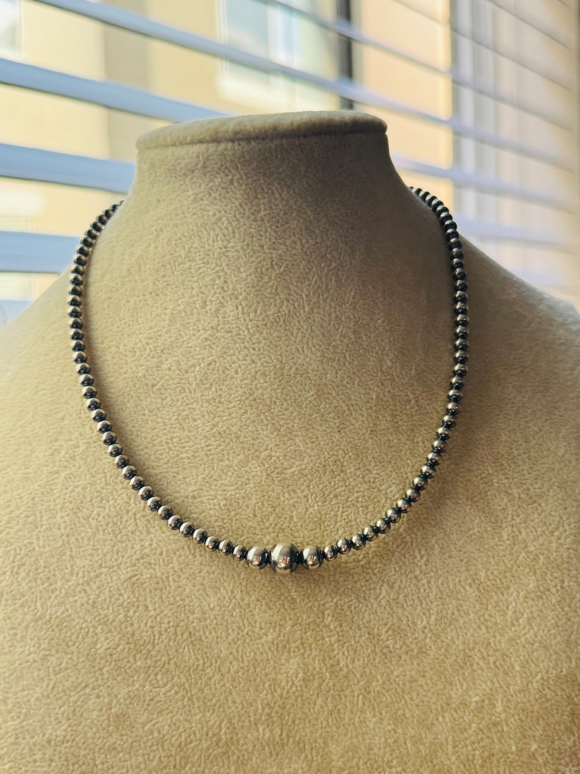 Navajo Strung Graduated Sterling Silver Pearls Beaded Necklace