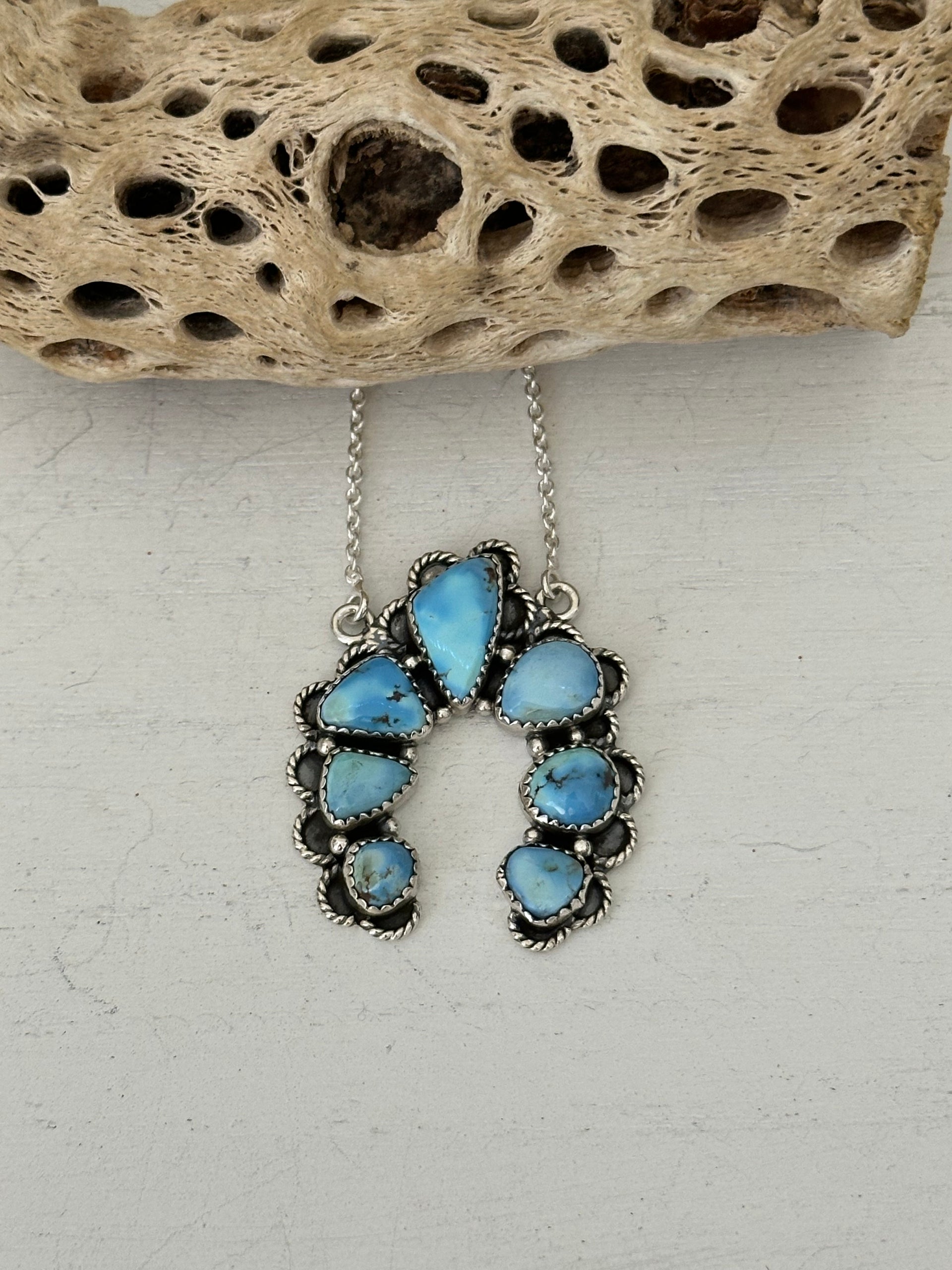 Southwest Handmade Golden Hills Turquoise & Sterling Silver Cluster Naja Necklace