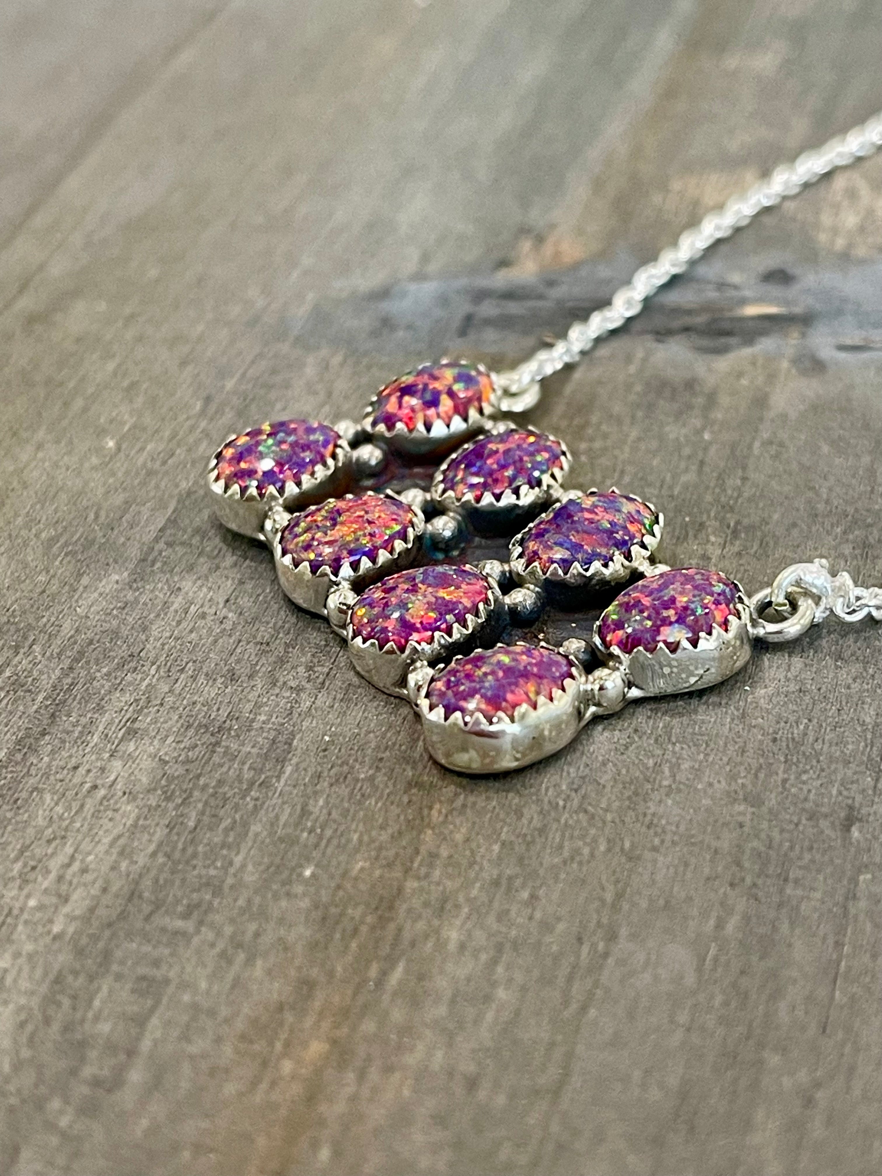 Southwest Handmade Purple Opal & Sterling Silver Cluster Bar Necklace